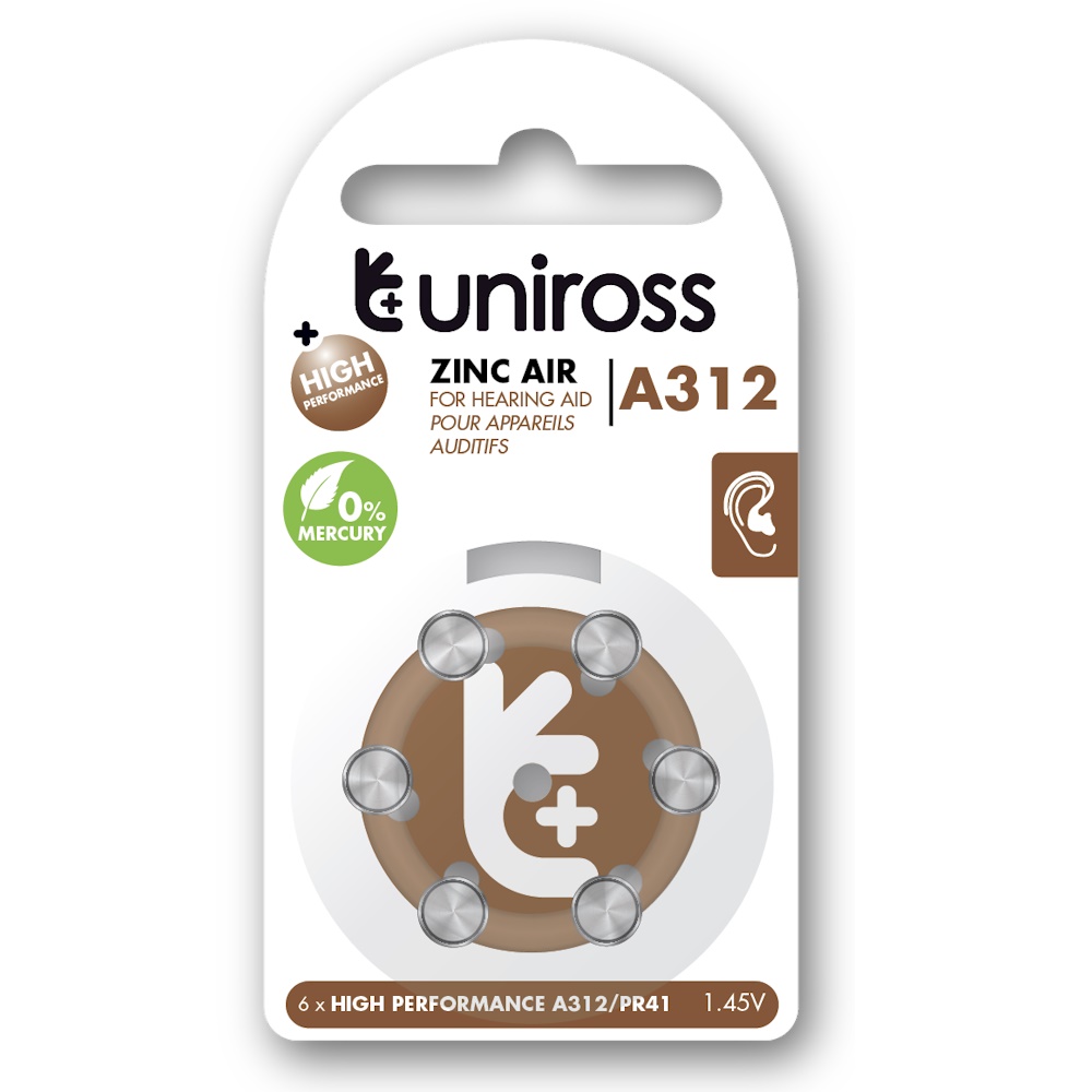 Uniross A312 Knapcellebatterier til høreapparat 148mAh, 6 stk.