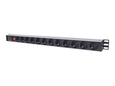 Intellinet Vertical Rackmount 12-Way Power Strip - German Type, With On/Off and Overload Protection, 1.6m Power Cord (Euro 2-pin plug) Stikdåse