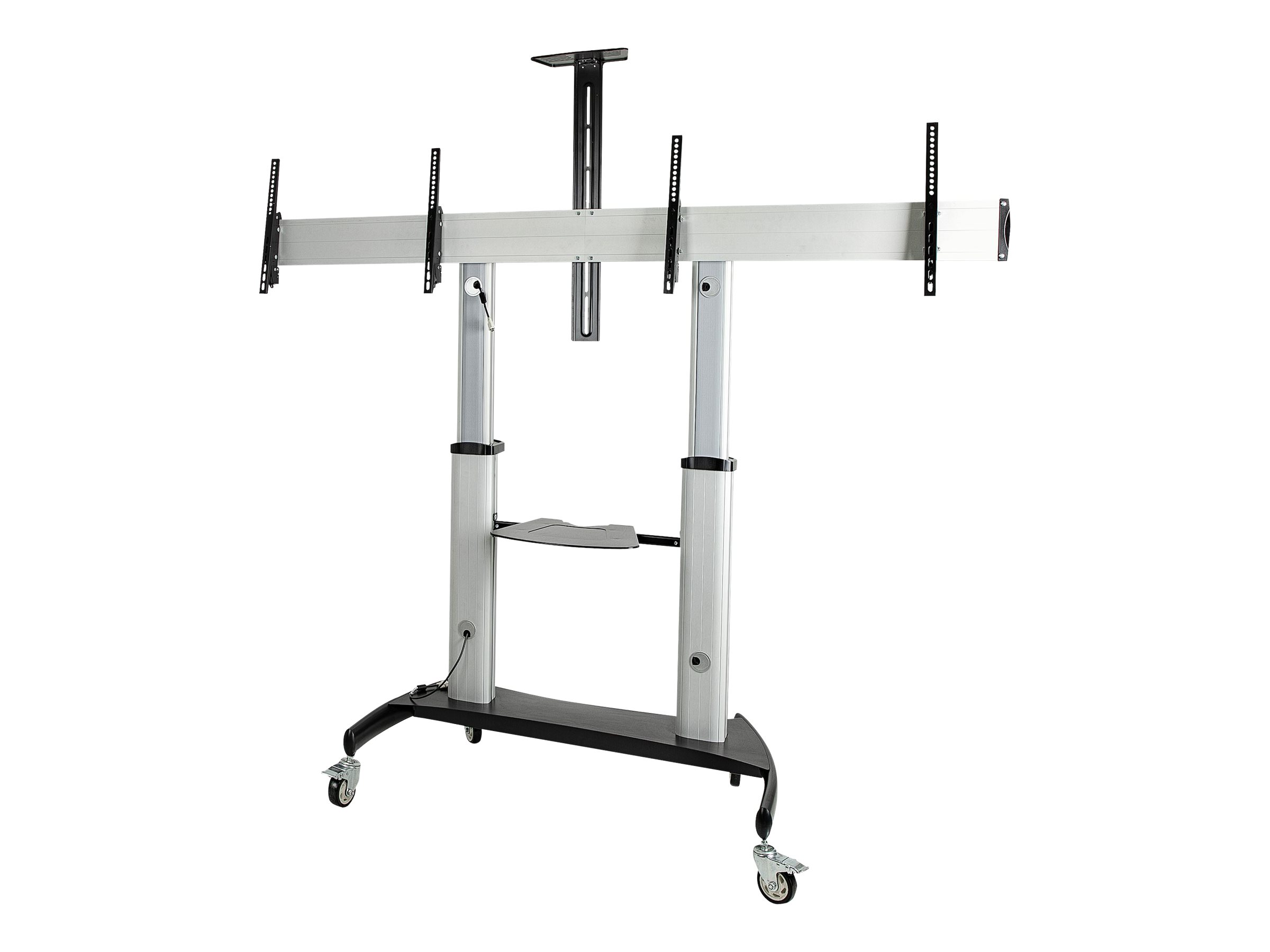 StarTech.com Dual TV Cart for 37-60in VESA TVs up to 110lb (50kg) each, Height Adjustable TV Mount, Mobile Display Cart w/ Webcam & Equipment Shelves,