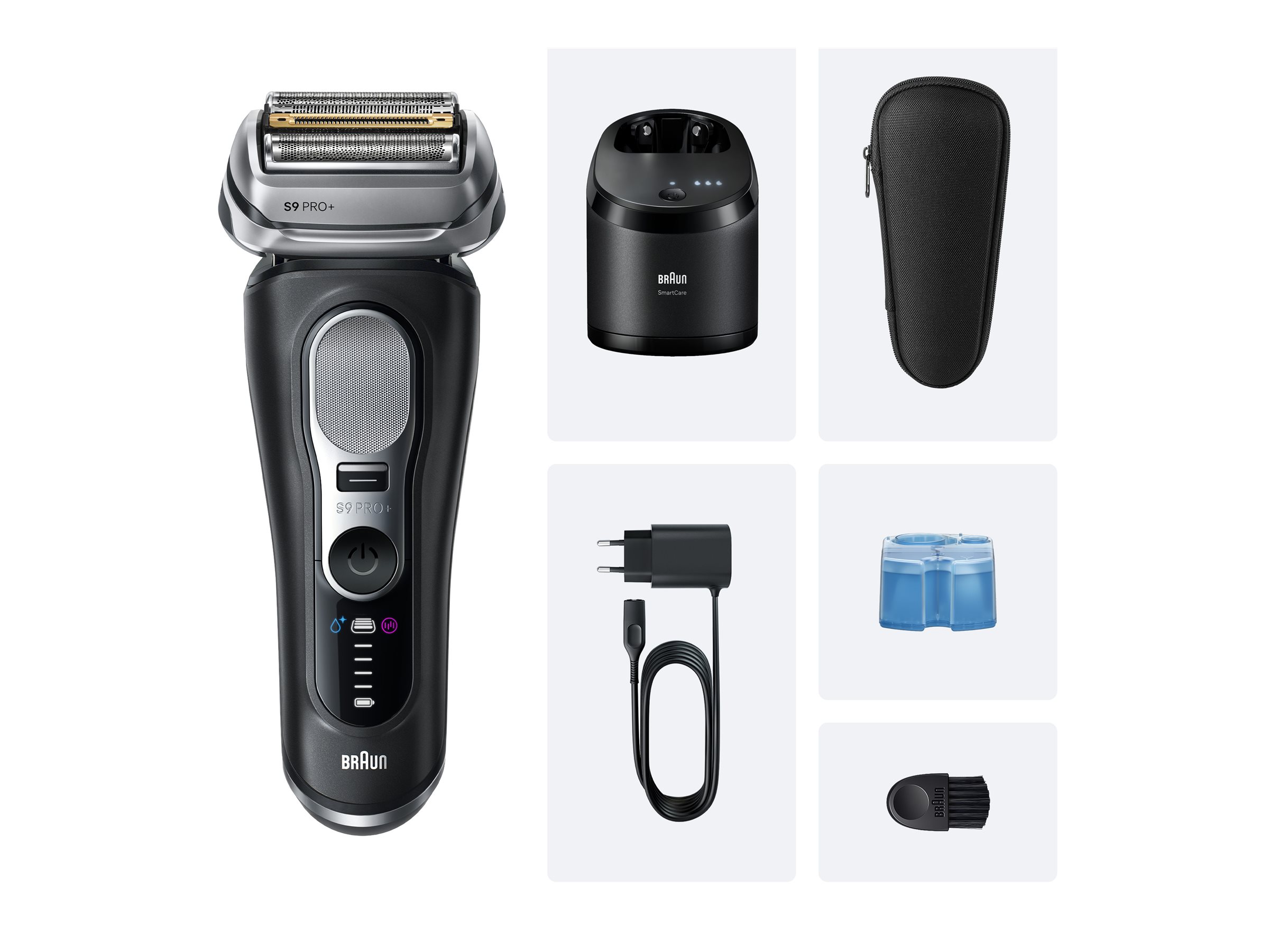 Braun Series 9 Pro+ 9660CC, Folie shaver, Sort, Sølv, Rustfrit stål, Knapper, LED, Vekselstrøm/batteri