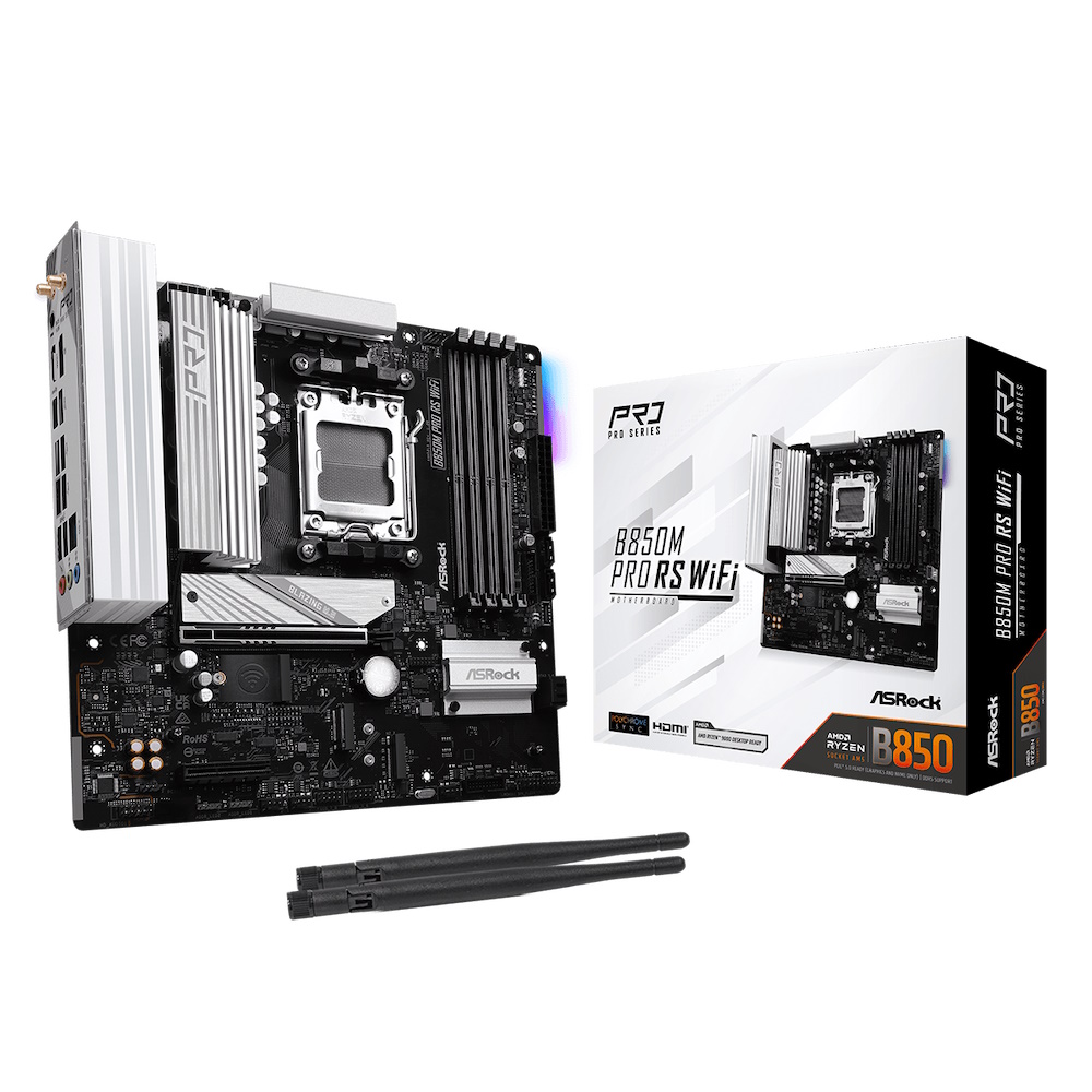 ASRock B850M Pro RS WiFi - Bundkort - micro ATX - Socket AM5 - AMD B850 Chipset - USB-C 3.2 Gen2, USB-C 3.2 Gen 1, USB 3.2 Gen 2, USB 3.2 Gen 1 - 2.5 Gigabit LAN, Bluetooth, Wi-Fi 6E - onboard grafik (CPU påkrævet) - HD Audio (8-kanaler)