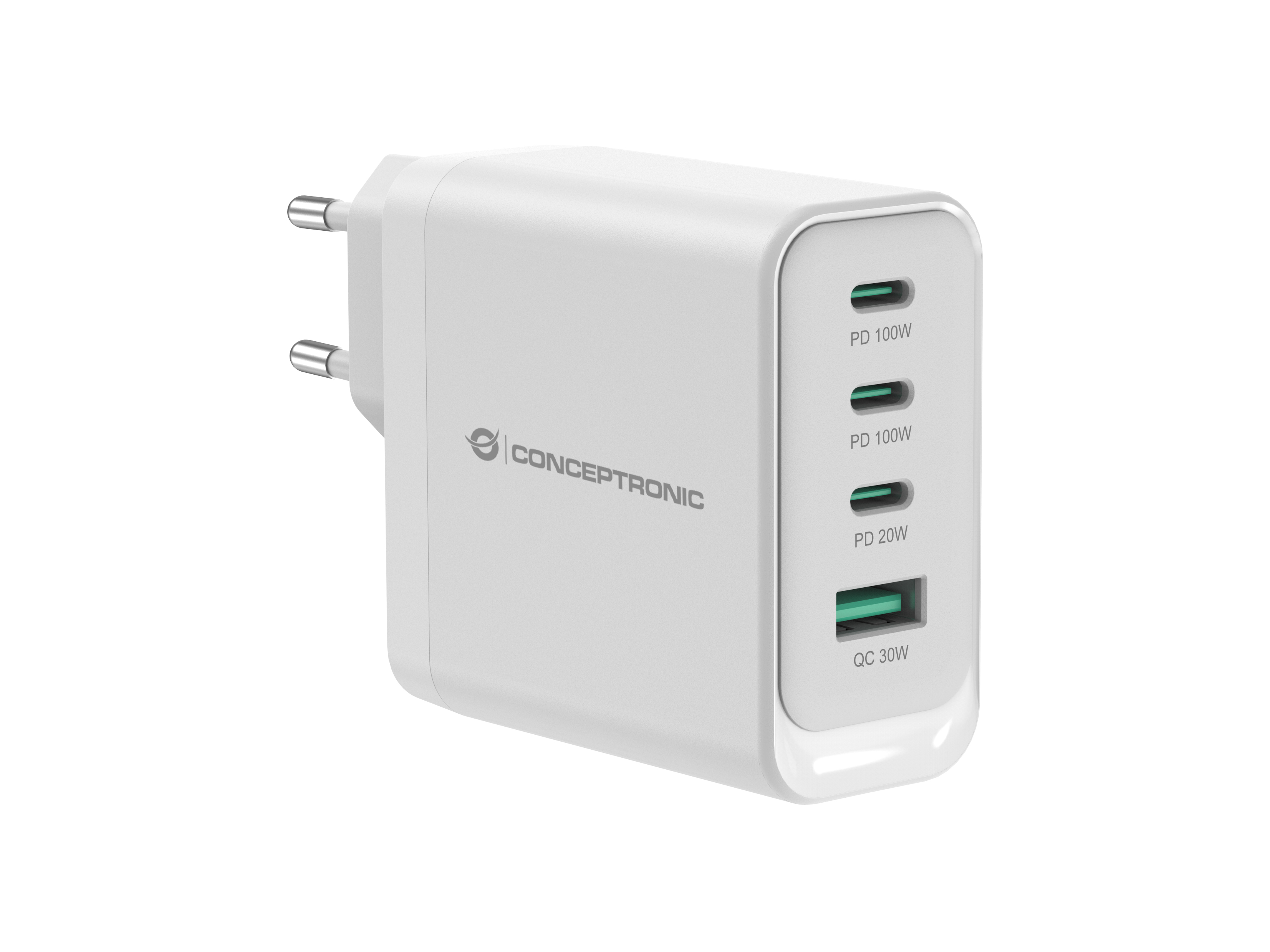 Conceptronic ALTHEA22W100 - 4-port 100 W GaN vægoplader med USB-C x3, USB-A, PD 3.0 & QC 3.0