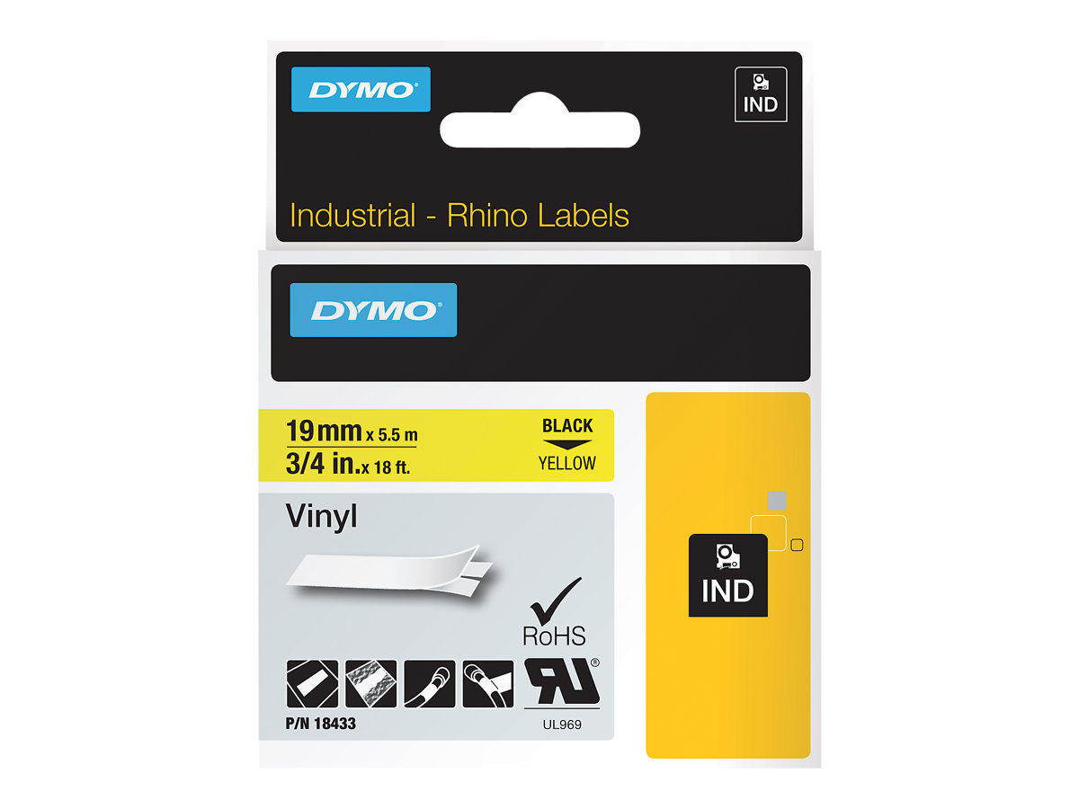 DYMO RhinoPRO, permanent markeringsvinyltape, 19 mm, sort tekst på gu