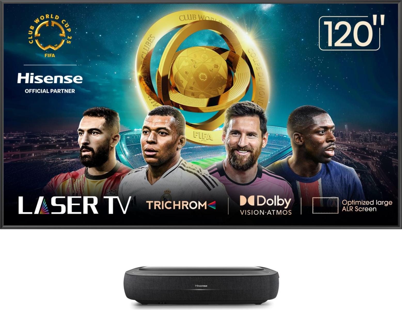 Hisense TriChroma Laser TV 120L9H - L9 Series - DLP-projektor - laser - 3000 ANSI lumens - 3840 x 2160 - 16:9 - 4K - ultrakort kast objektiv - Miracast Wi-Fi Display / AirPlay / IEEE 802.11ac trådløs - sort, grå - med 120 projektions skærm