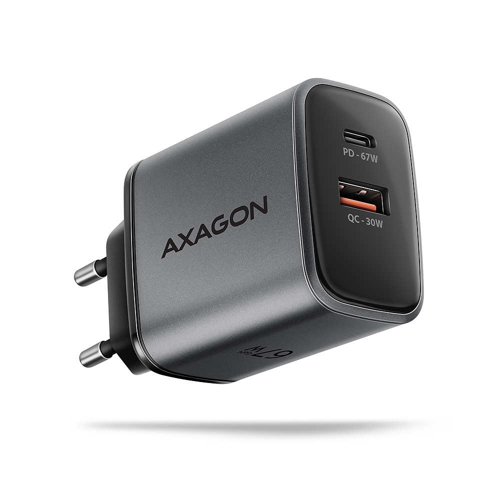 AXAGON ACU-PQ67 GaN Ladegerät, USB-C Power Delivery 3.0, USB-A Quick Carge 4 - grau