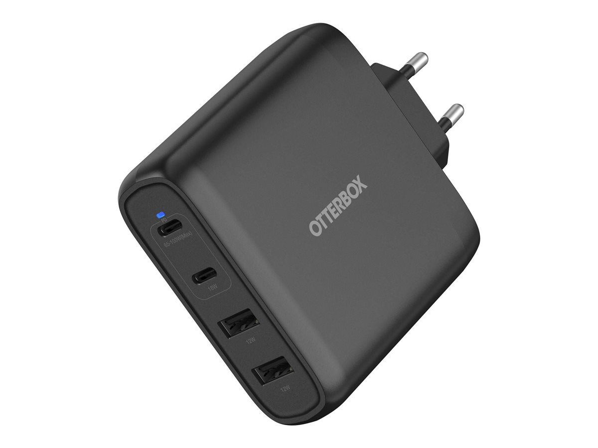 OtterBox Standard - Strømforsyningsadapter - 100 Watt - Fast Charge, PD - 4 output-stikforbindelser (2 x USB-C, 2 x 9 pin USB Type A) - sort - Europa (eksklusive UK)
