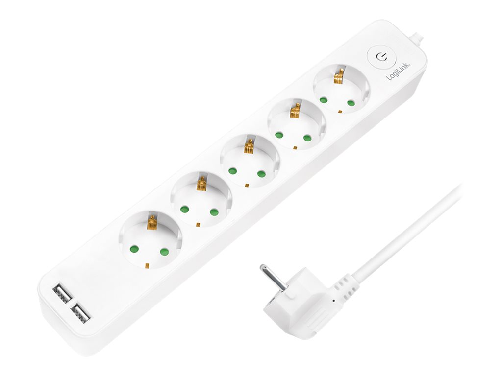 LogiLink Socket outlet 5-way + switch, 5x CEE 7/3 + 2x USB-A, 1.5 m, white