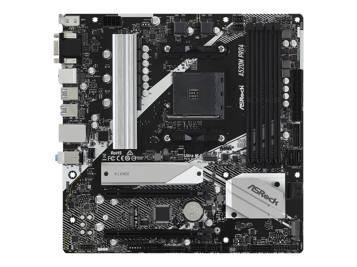 ASRock A520M Pro4 - Bundkort - micro ATX - Socket AM4 - AMD A520 Chipset - USB 3.2 Gen 1, USB-C Gen1 - Gigabit LAN - onboard grafik (CPU påkrævet) - HD Audio (8-kanaler)