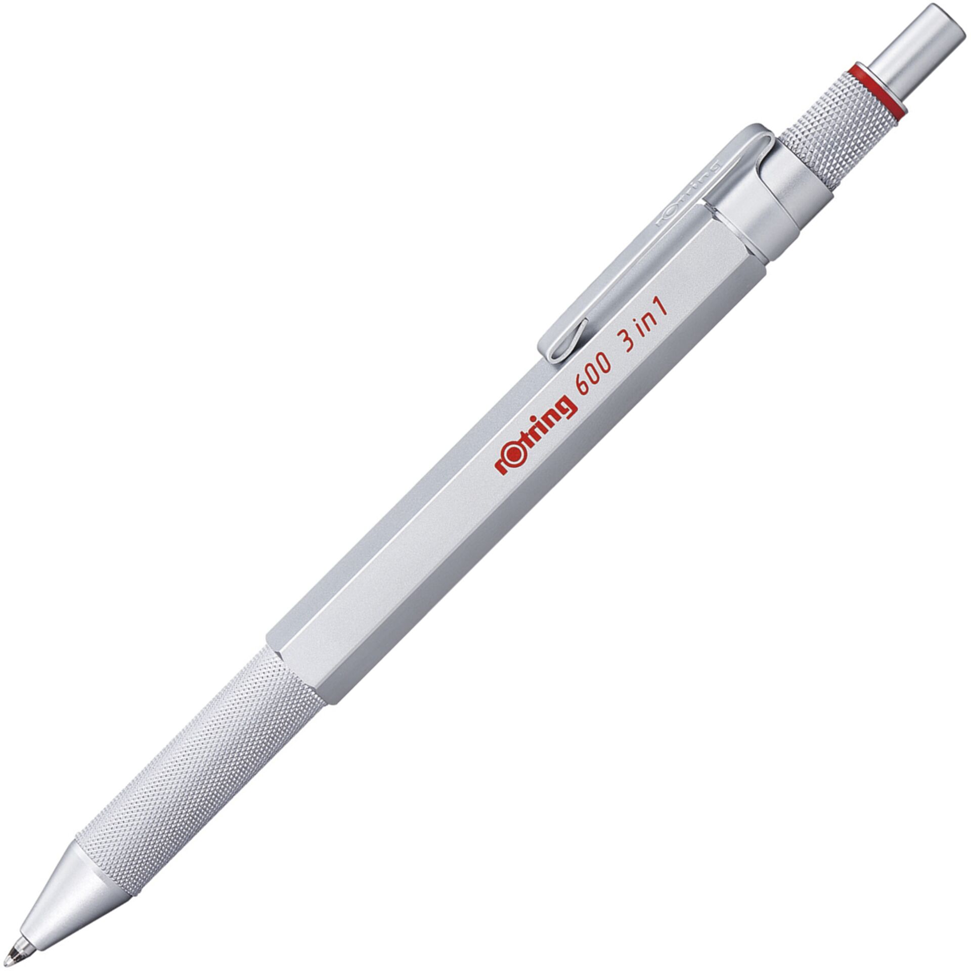 Rotring rOtring 600 3-i-1 Multifarve Pen og Mekanisk Blyant | Sort & Rød Kuglepensspidser | 1 Mekanisk Blyant Spids (0,5 mm) | Sølv skaft