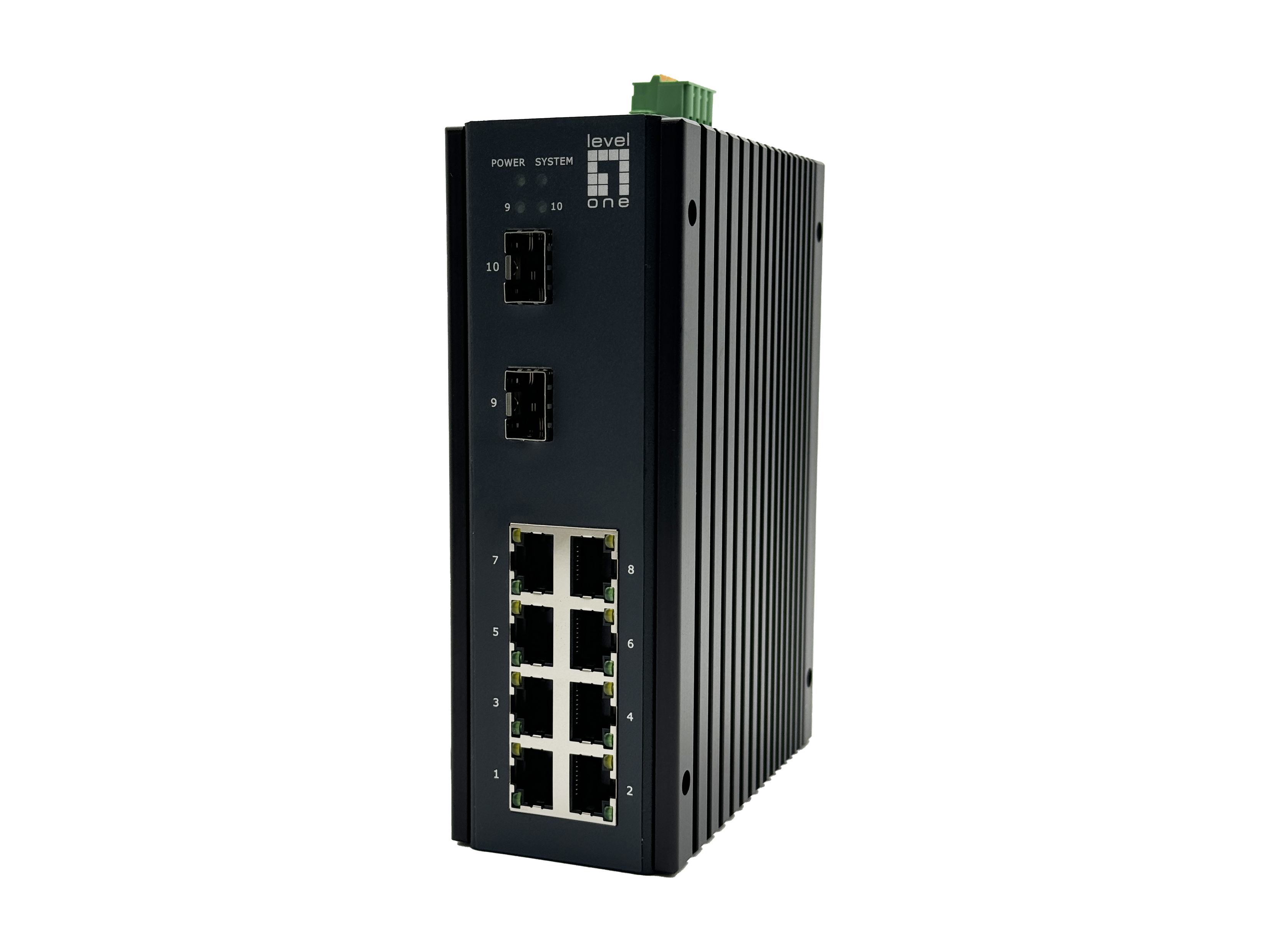 LevelOne 10-port L2+ administrerbar Gigabit industri-switch, 8x RJ45 1 GbE, 2x SFP 1/2,5 GbE, DIN-skinne, -40 °C til 75 °C