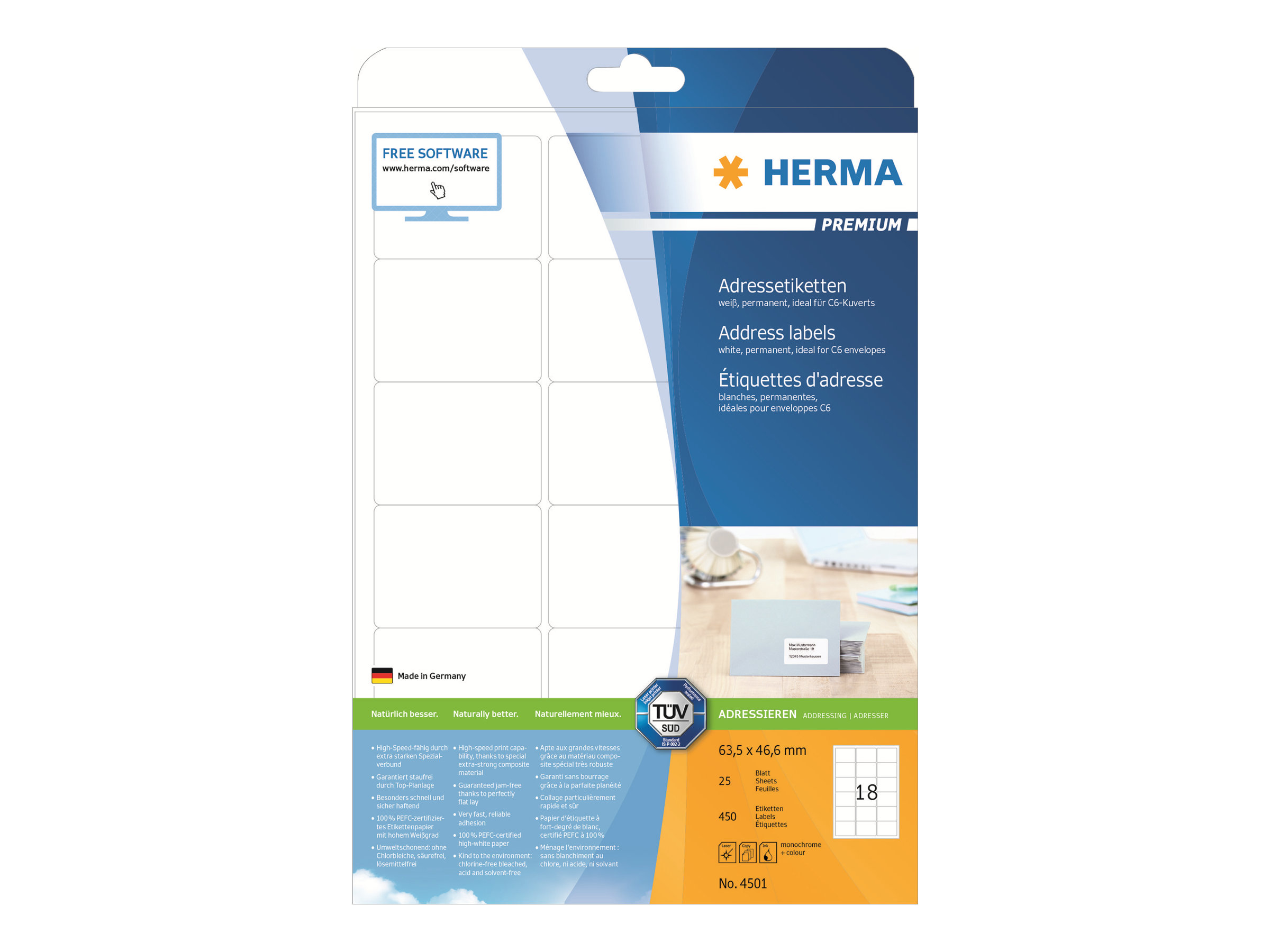 HERMA Premium - Selv-klæbende - hvidmatteret - 63.5 x 46.6 mm 450 etikette(r) (25 ark x 18) adresseetiketter
