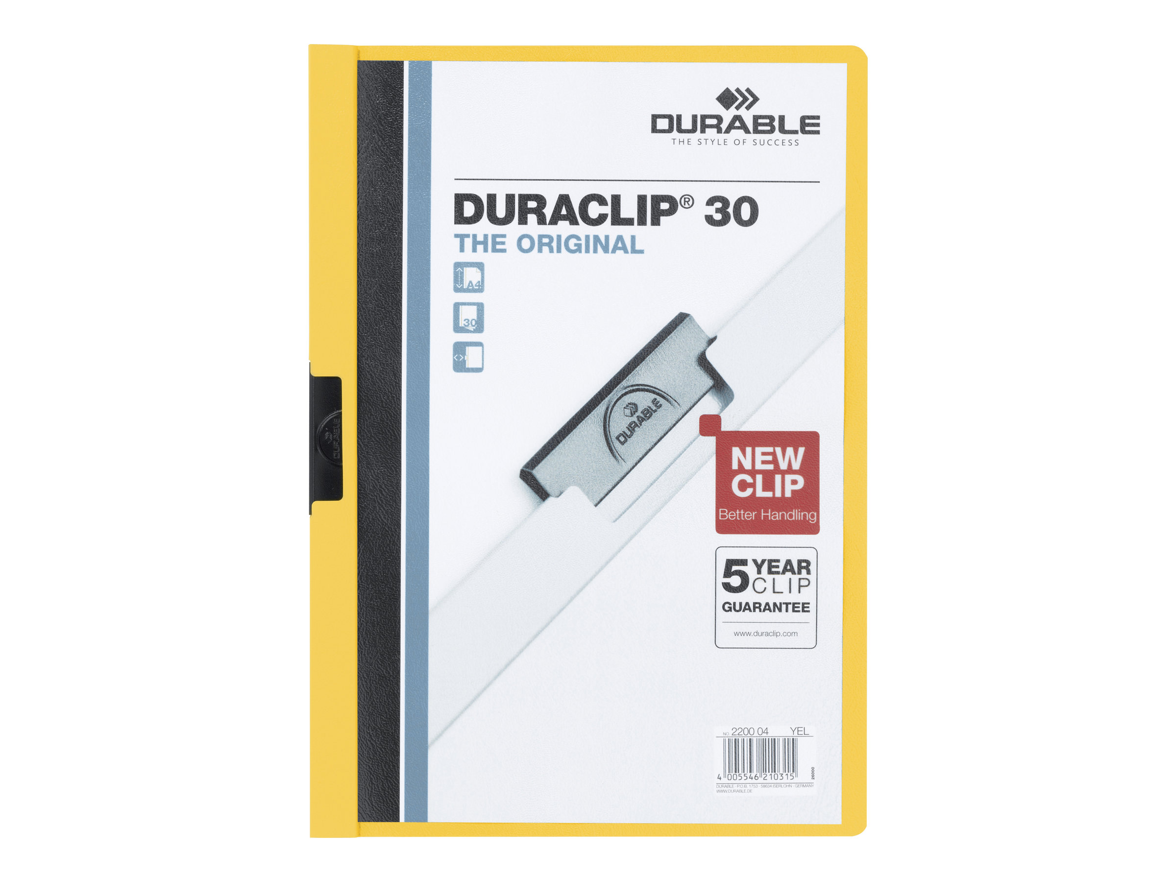 DURABLE DURACLIP 30 Gul med transparent frontdække Klemmefil A4 (210 x 297 mm) Gul med transparent frontdække