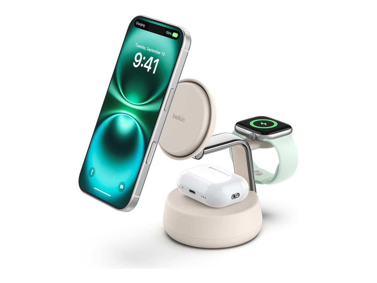 Belkin UltraCharge Pro - Trådløs opladningsstander - 3-i-1, Qi2 + AC-strømadapter - 25 Watt - Fast Charge - sand