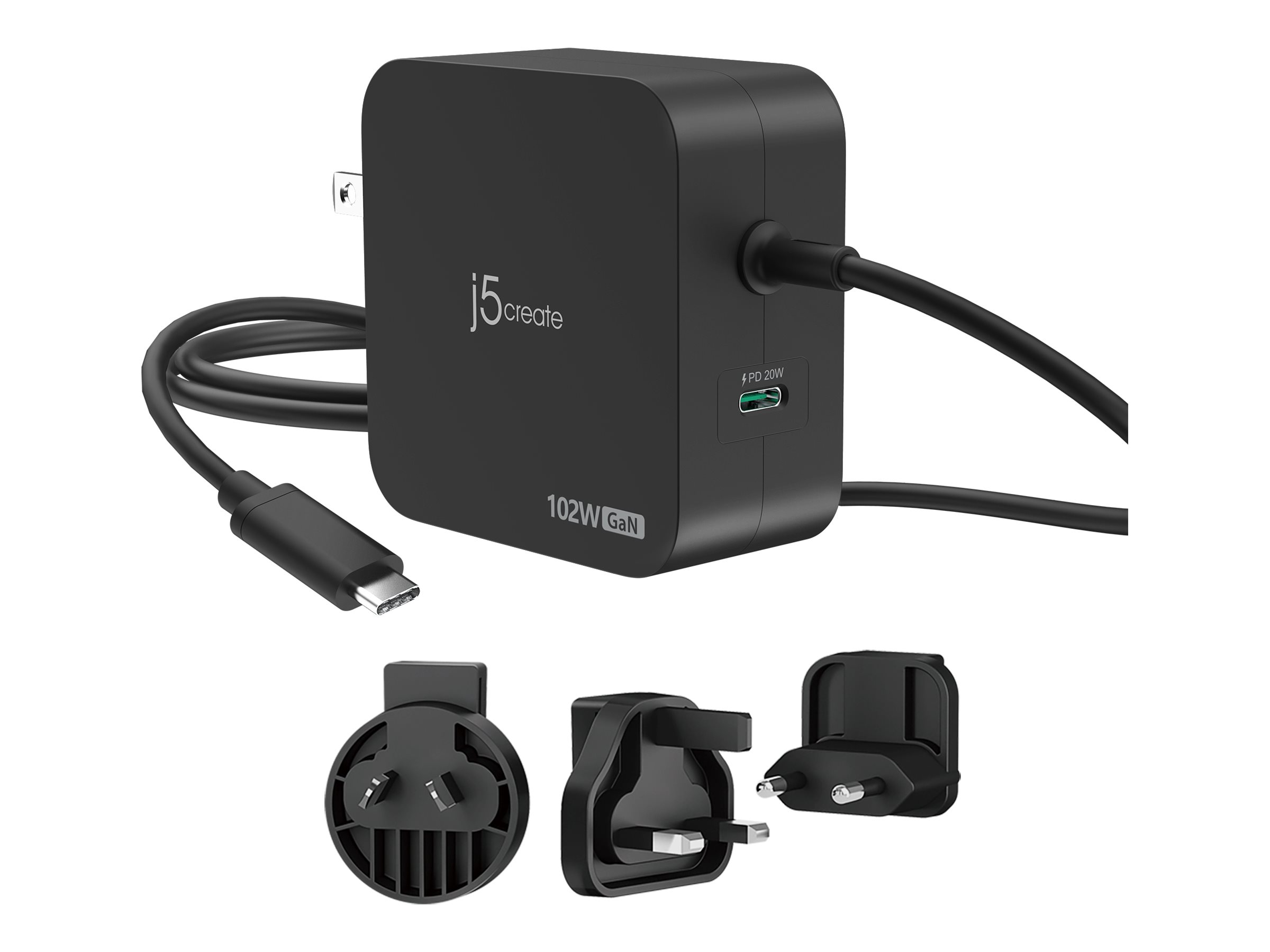J5create - 102w Gan Pd Usb-c 2-port Charger, Interchangeable Ac Plugs