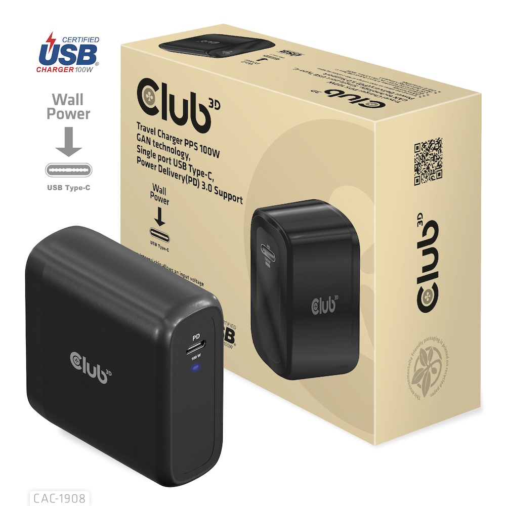 Club3D  CAC-1908EU GAN Travel Adapter 100Watt USB-C PD Sort