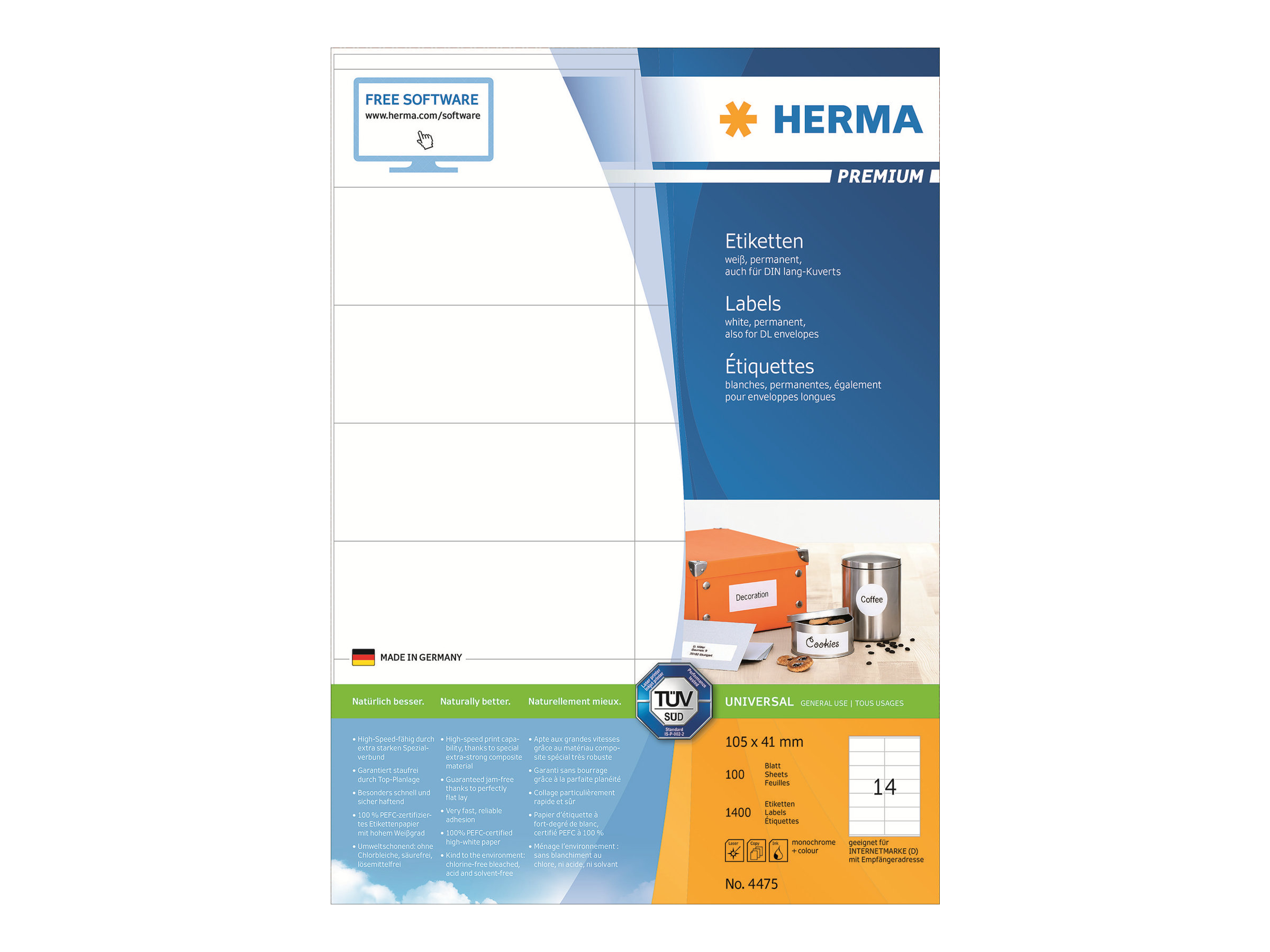 HERMA Premium - Papir - mat - permanent selvklæbende - hvid - 105 x 41 mm 1400 etikette(r) (100 ark x 14) laminerede etiketter