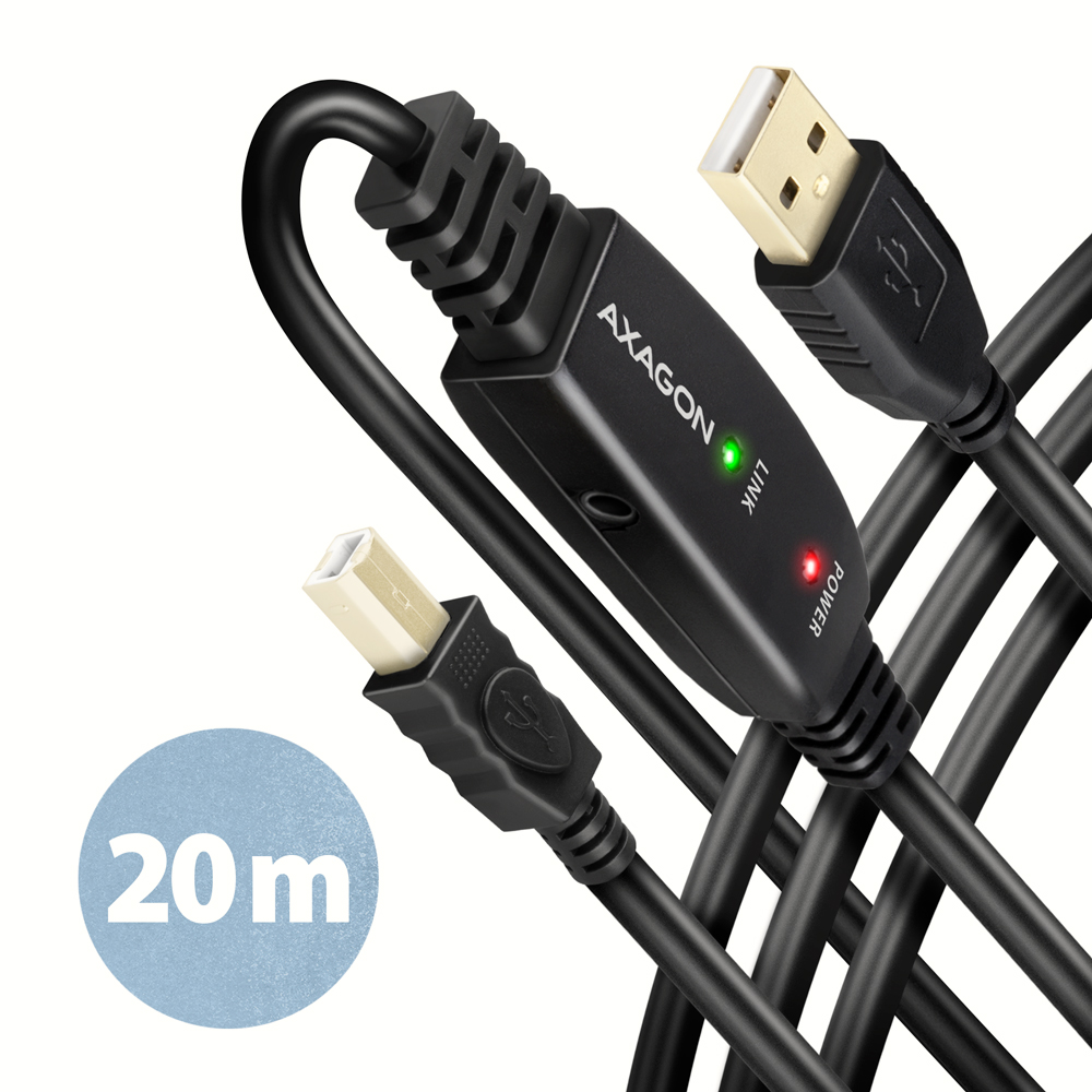 Axagon ADR-220B USB 2.0 A-M -> B-M active connecting/repeater cable 20m - Kabel - Digital/Daten USB-A to USB-B 20m Sort billede