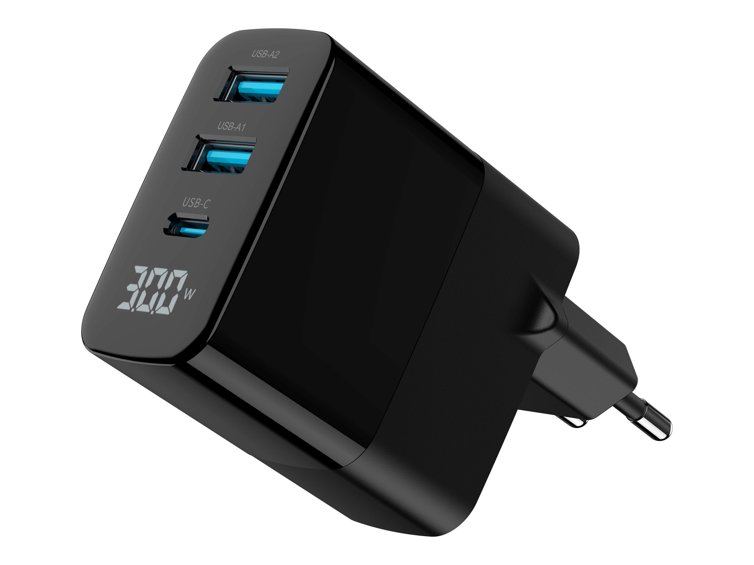 Gembird Universal GaN USB charger with LCD QC 3.0 & POD 30W 3-port - Black