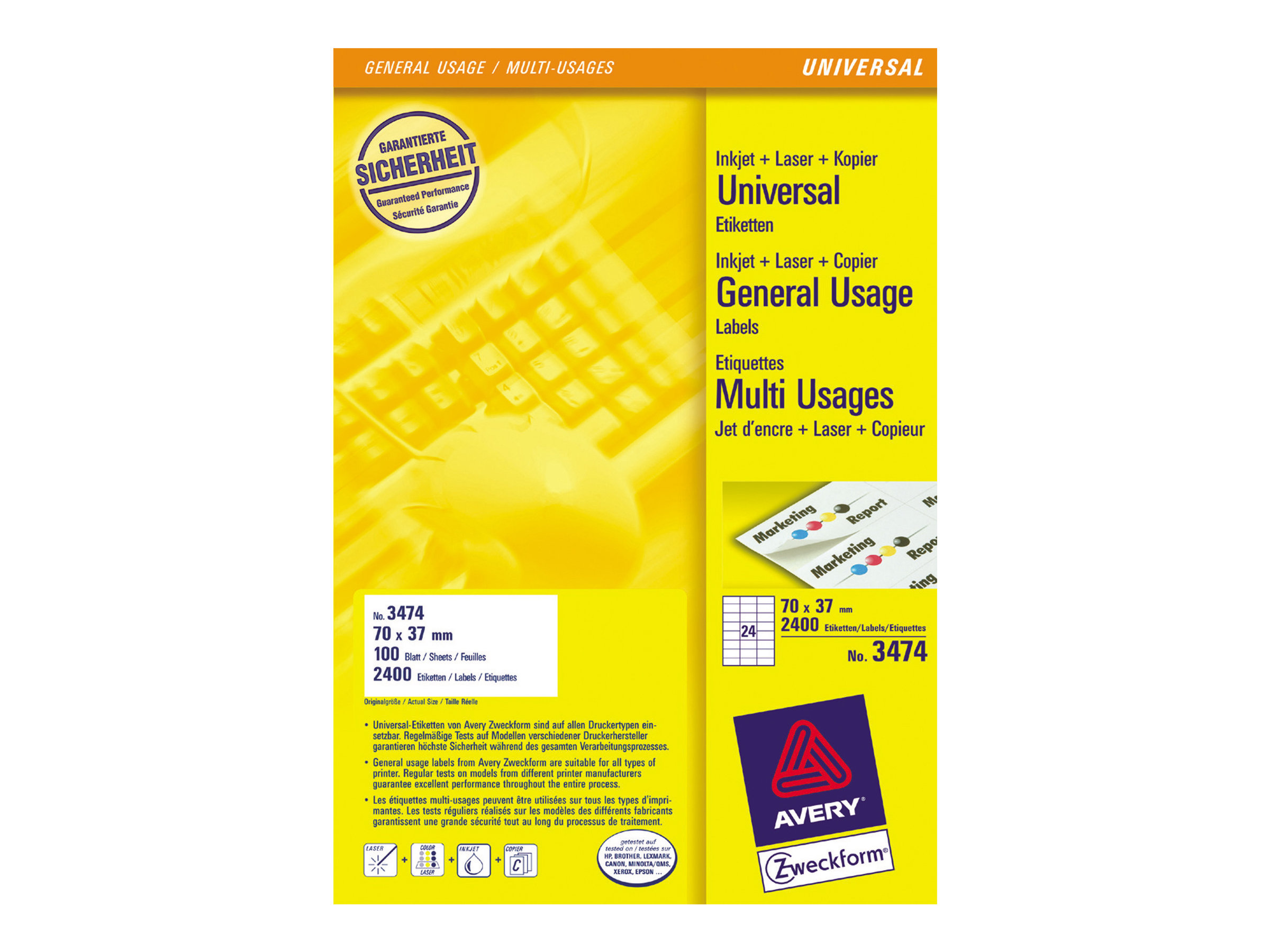 Etiketter Avery 70x37 mm hvid permanent universal - (100 ark x 24 stk.)