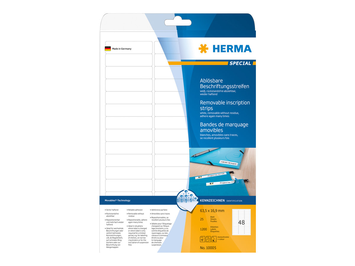 HERMA Special - Papir - mat - aftagelig selvklæbende - hvid - 63.5 x 16.9 mm 1200 etikette(r) (25 ark x 48) etiketter