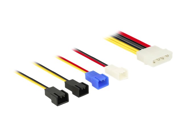 Delock Molex 4 pin > 4 x 2 pin fan (12 V / 7 V / 5 V) Blæser strømkabel 20cm Sort Blå Rød Hvid Gul