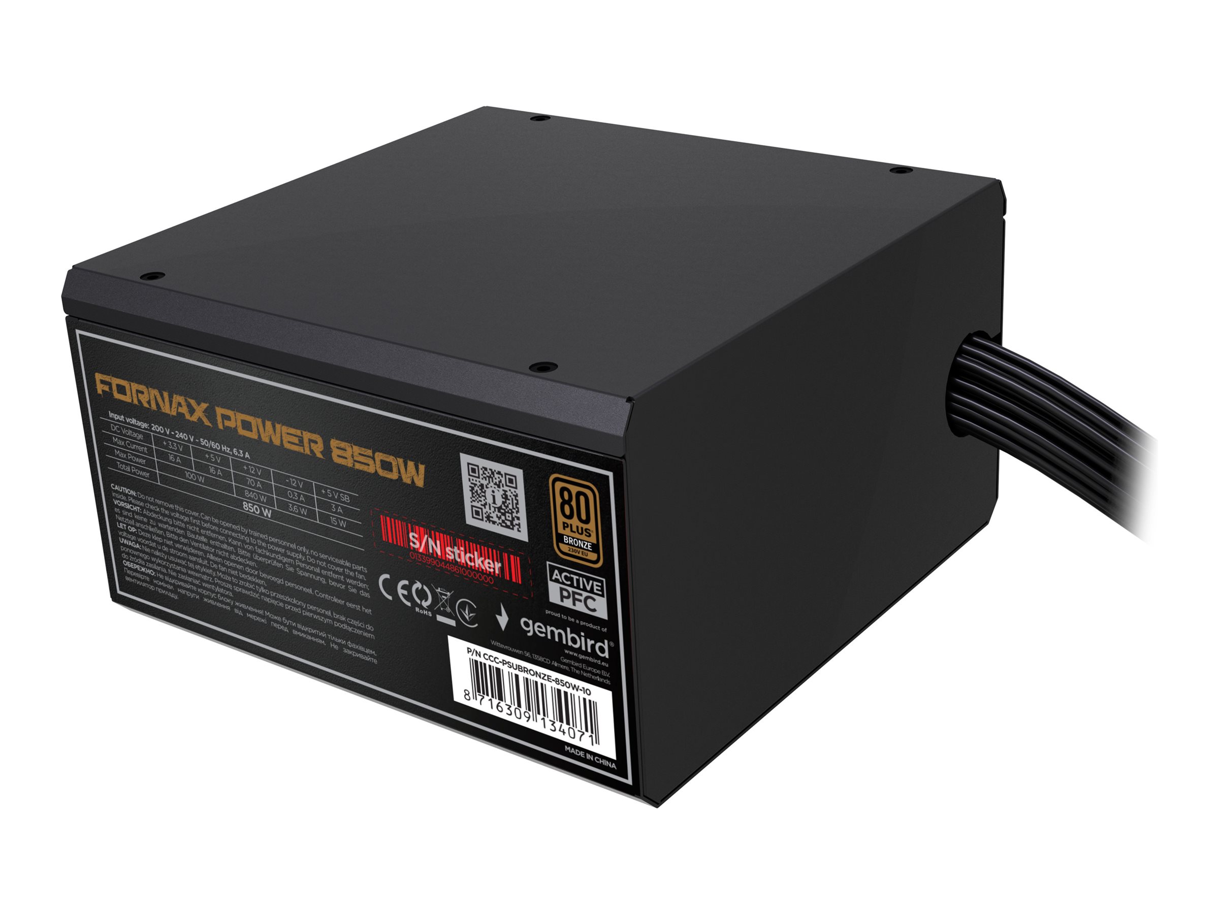 Gembird CCC-PSUBRONZE-850W-10 - power supply - 850 Watt Strømforsyning - 850 Watt - 120 mm - ATX - 80 Plus Bronze certified