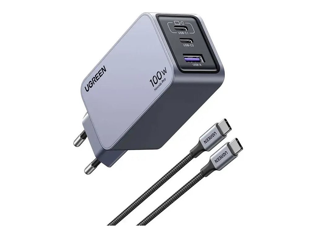 Ugreen Nexode Pro series - Strømforsyningsadapter - GaN - 100 Watt - 2.5 A - PD - 3 output-stikforbindelser (2 x USB-C, USB) - på kabel: USB-C