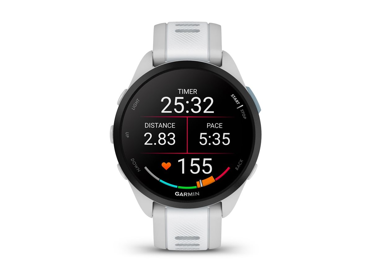 Garmin Forerunner® 165 (42 mm) Hvid – Løbeur med AMOLED Touchscreen, Musik – Herre/Dame, Sort Rem – Løbeshop