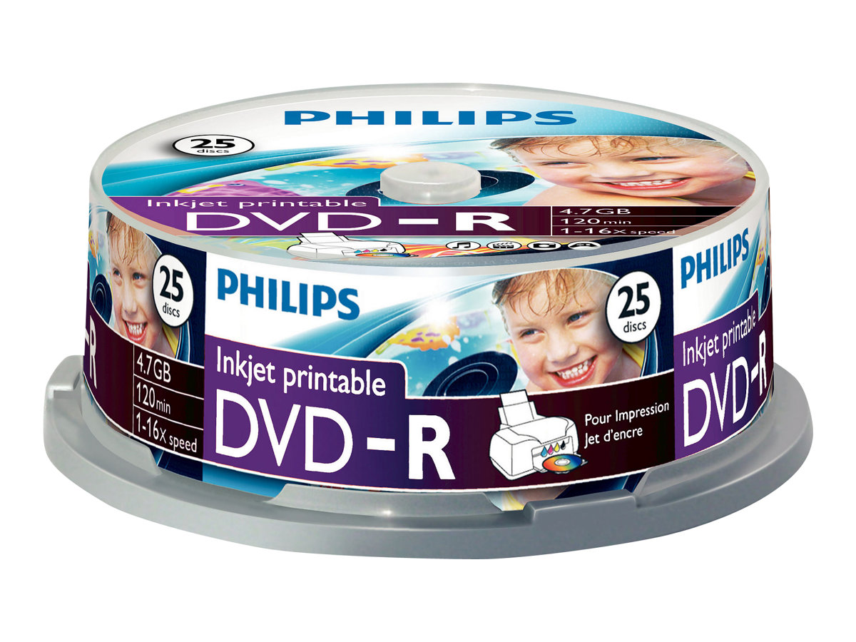 Philips DM4I6B25F - 25 x DVD-R - 4.7 GB (120min) 16x - printbar overflade for ink jet - spindle