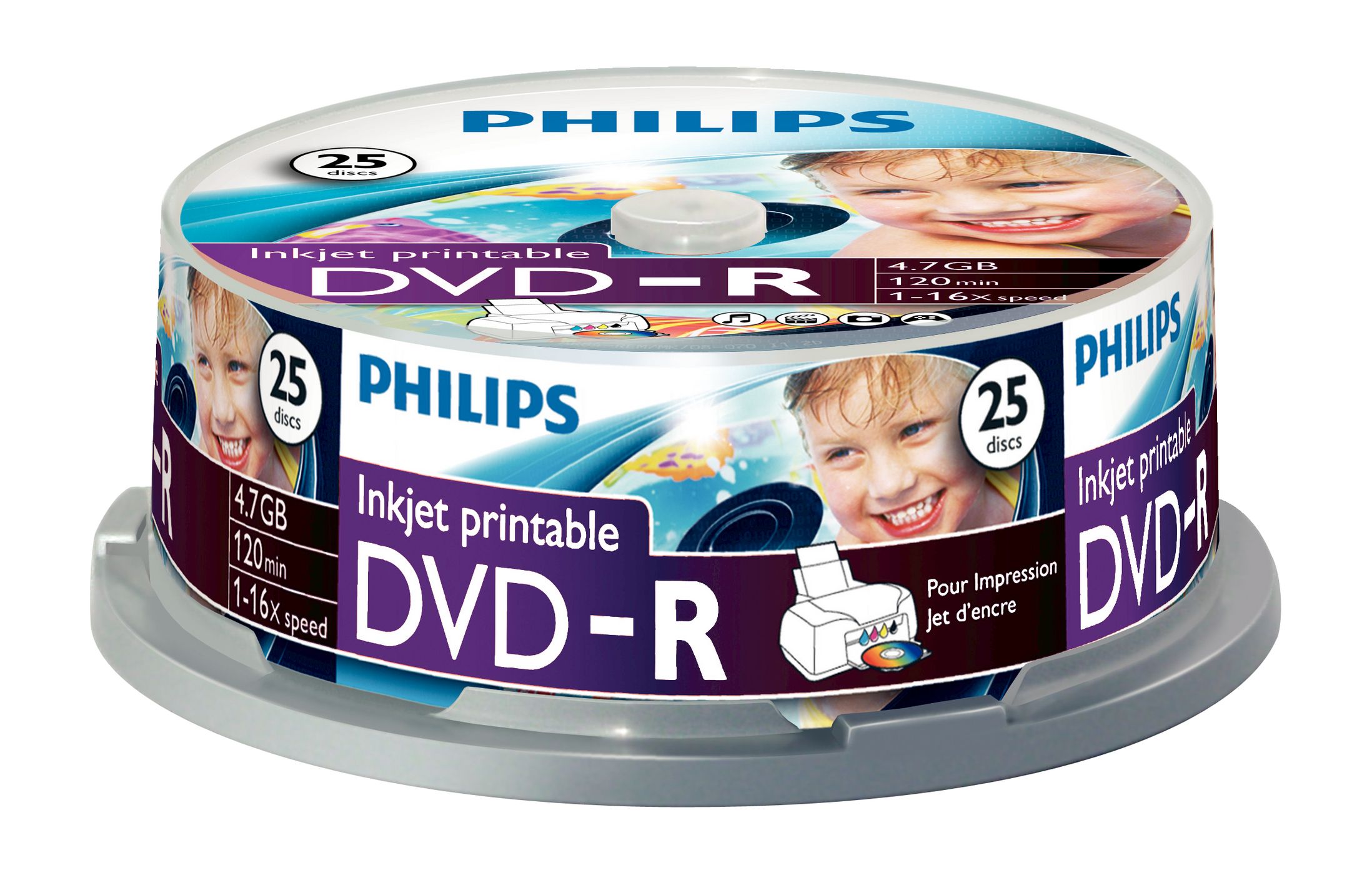 Philips DM4I6B25F - 25 x DVD-R - 4.7 GB (120min) 16x - printbar overflade for ink jet - spindle