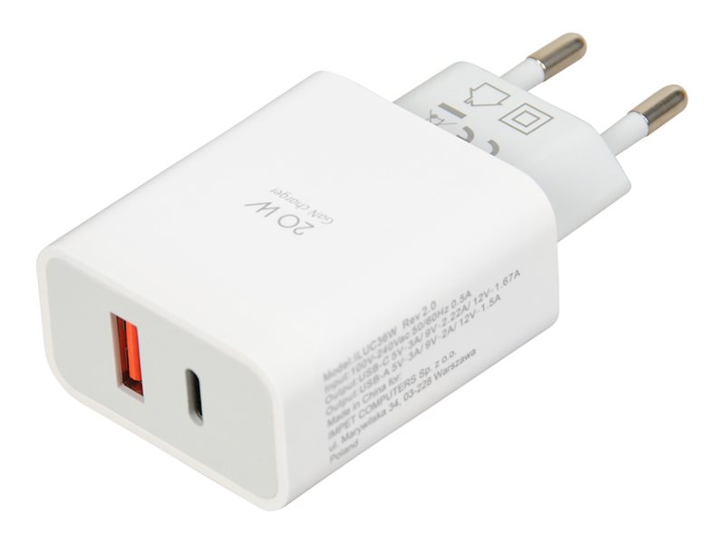 iBox ILUC36W vægoplader 20 W GaN med USB‑C PD og USB‑A – hvid