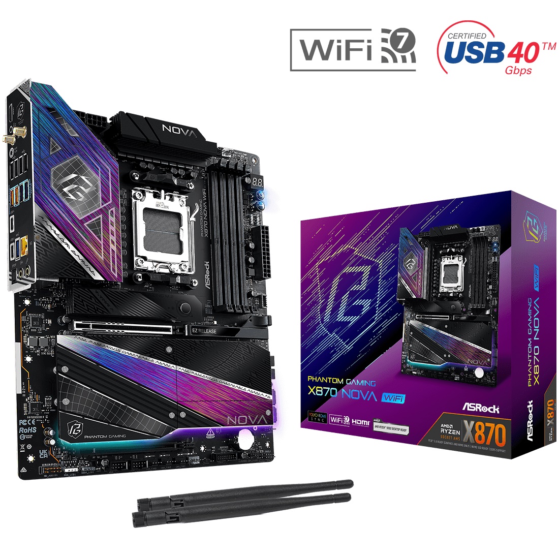 ASRock Phantom Gaming X870 NOVA WiFi - Bundkort - ATX - Socket AM5 - AMD X870 Chipset - USB4, USB 3.2 Gen 1, USB 3.2 Gen 2, USB-C 3.2 Gen 2x2 - 5 Gigabit Ethernet, Wi-Fi 7, Bluetooth - onboard grafik (CPU påkrævet) - HD Audio (8-kanaler)