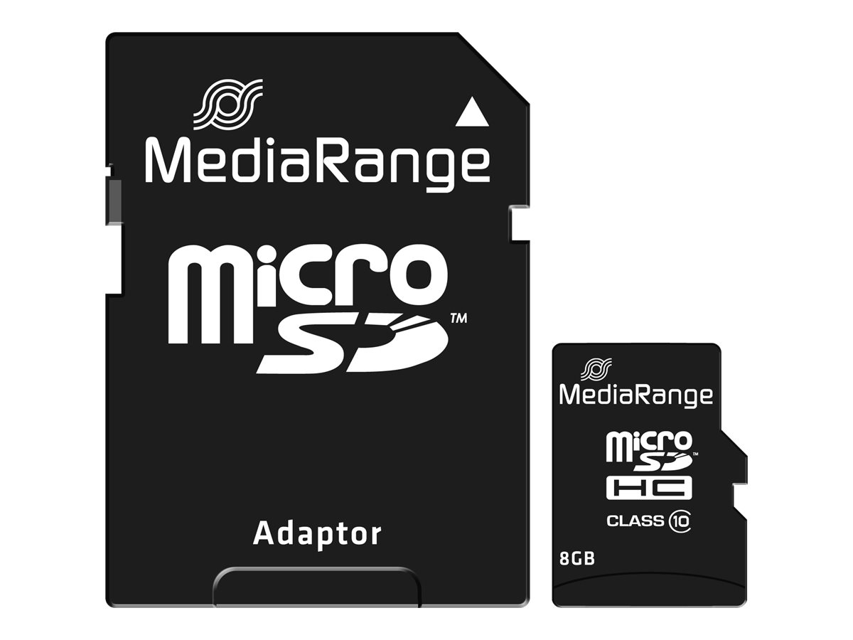 MediaRange - Flashhukommelseskort (microSDHC til SD adapter inkluderet) - 8 GB - Class 10 - microSDHC - sort