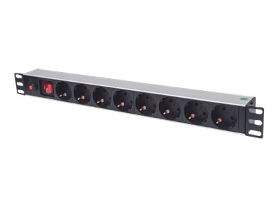Intellinet 19" 1U Rackmount 8-Way Power Strip - German Type, With On/Off and Overload Protection, 3m Power Cord (Euro 2-pin plug) Stikdåse 8-stik 16A