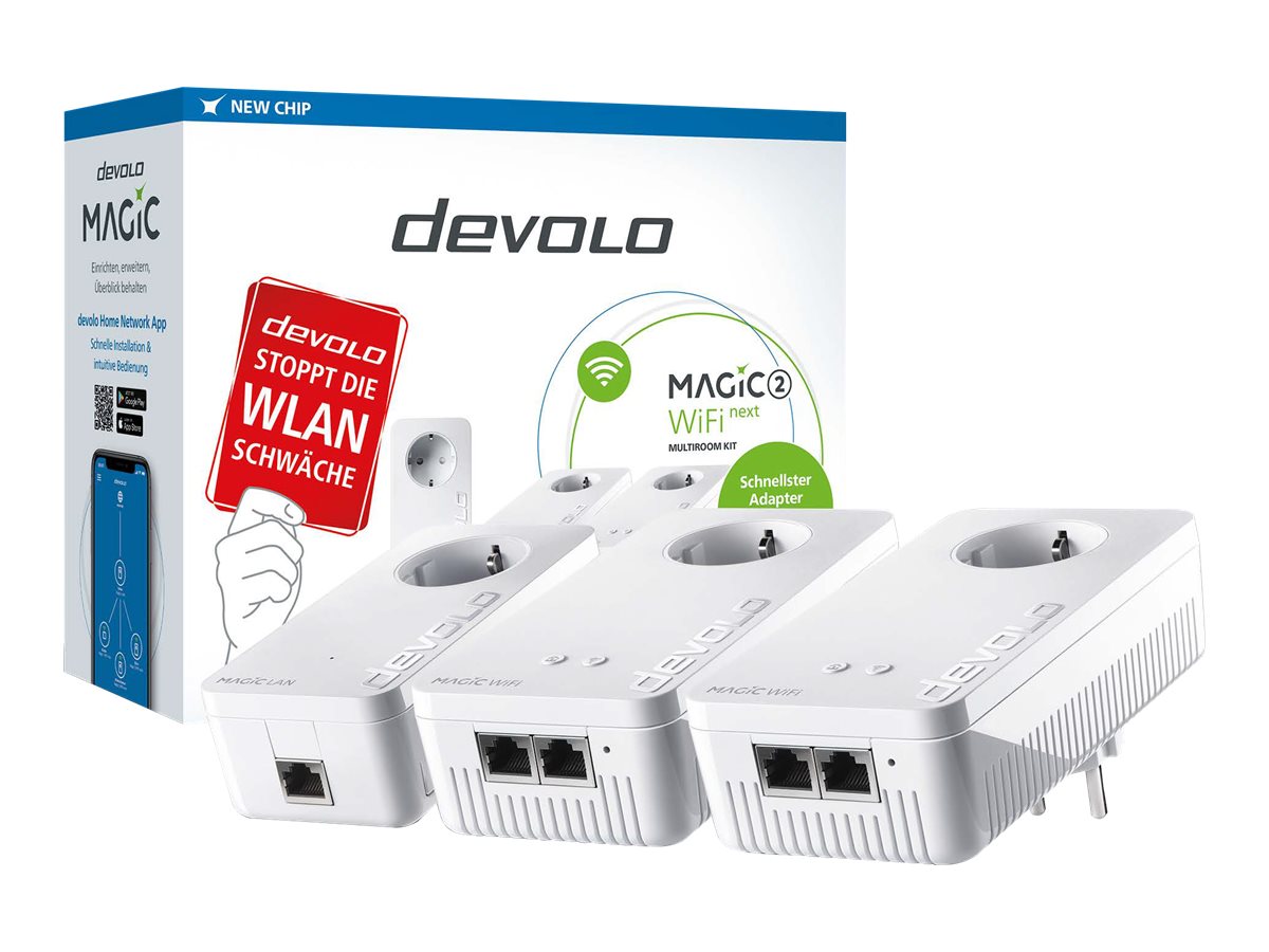 Devolo MAGIC 2 WiFi next Multiroom Kit, 2400 Mbit/s, IEEE 802.2x, IEEE 802.3ab, IEEE 802.3az, IEEE 802.3u, Gigabit Ethernet, 10,100,1000 Mbit/s, Wi-Fi 5 (802.11ac), 802.11a, 802.11b, 802.11g, Wi-Fi 4 (802.11n), Wi-Fi 5 (802.11ac)