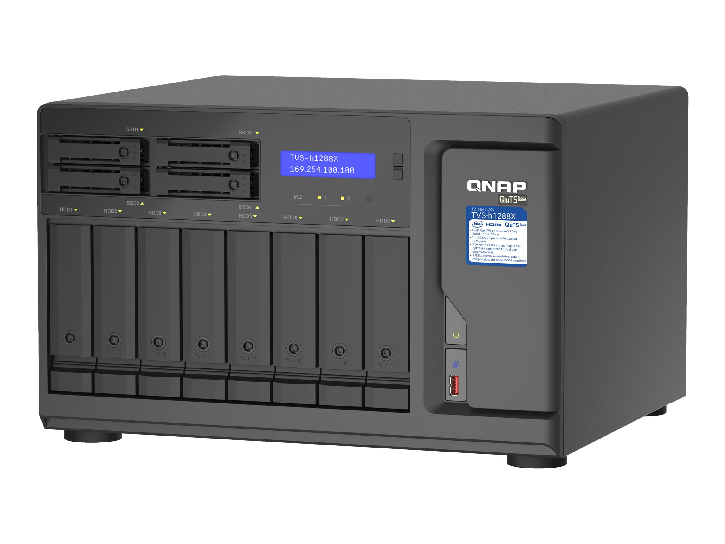 QNAP TVS-h1288X - NAS-server - 12 bays - SATA 6Gb/s - RAID 0, 1, 5, 6, 10, 50, JBOD, 5 hot spare, 6 hot spare, 60, 10 hot reserve, RAID TP - RAM 16 GB - Gigabit Ethernet / 2.5 Gigabit Ethernet / 10 Gigabit Ethernet - iSCSI support