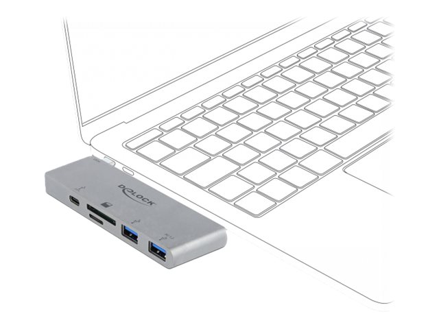 Delock 3 Port Hub and 2 Slot Card Reader for MacBook with PD 3.0 and retractable USB Type-C Connection Sølv