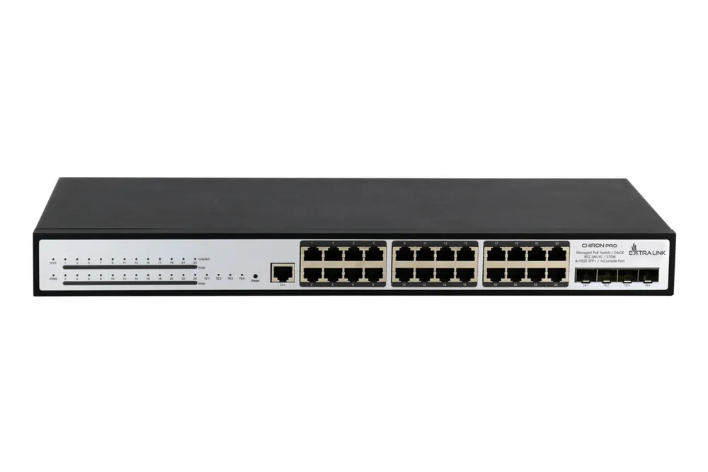 Extralink Chiron Pro | PoE Switch | 24x RJ45 1000Mb/s PoE, 4x SFP+, L3, managed, 370W