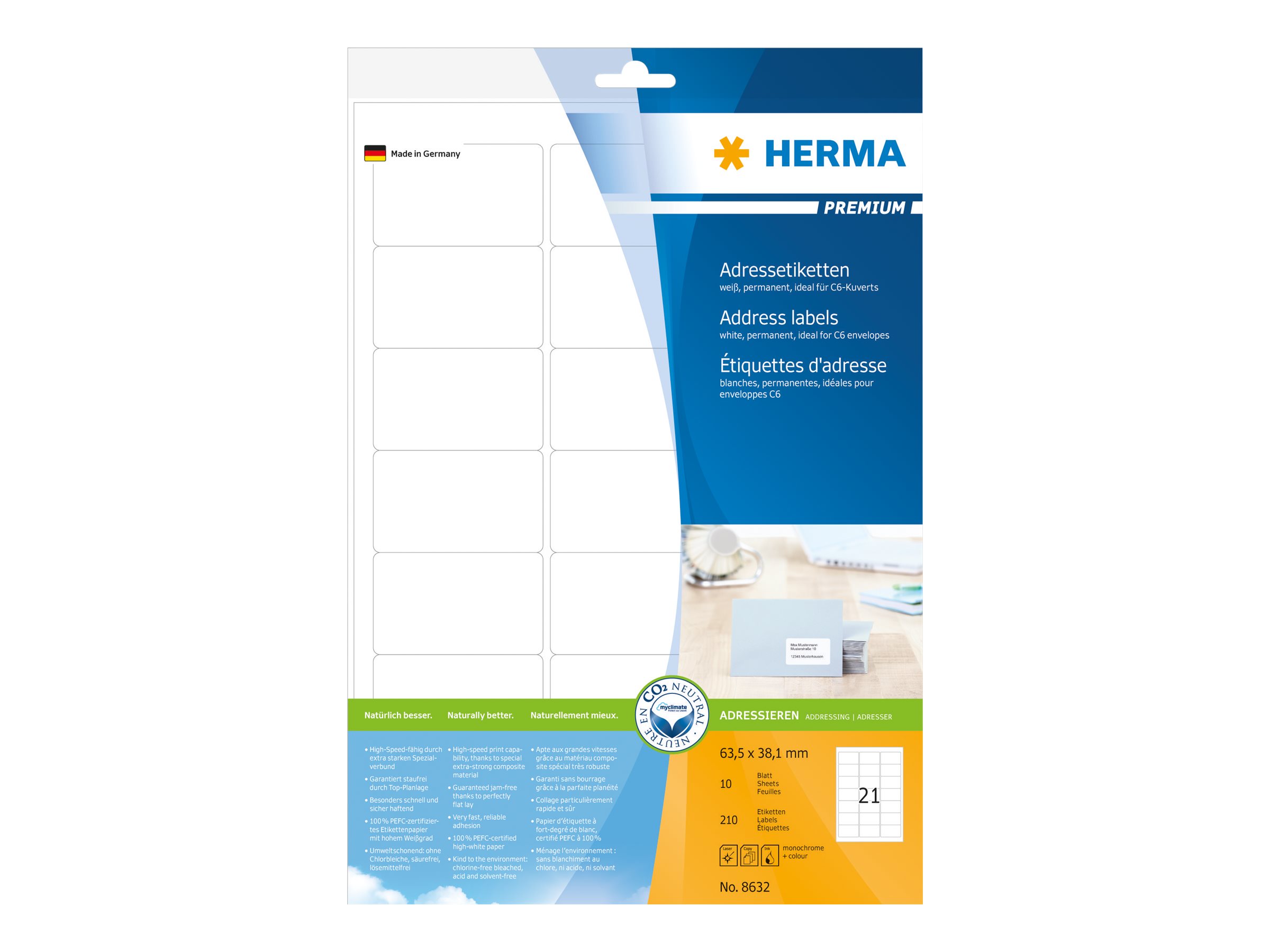 HERMA Premium - Papir - mat - permanent selvklæbende - hvid - 63.5 x 38.1 mm 210 etikette(r) (10 ark x 21) laminerede adressemærkater