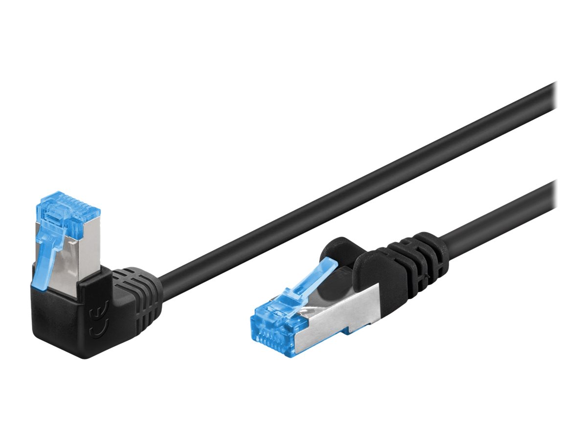 Goobay Netværkskabel CAT 6A vinklet 1x 90°, S/FTP (PiMF), sort, 1 m kobberleder (CU), halogenfri kabelkappe (LSZH), snaplås på toppen