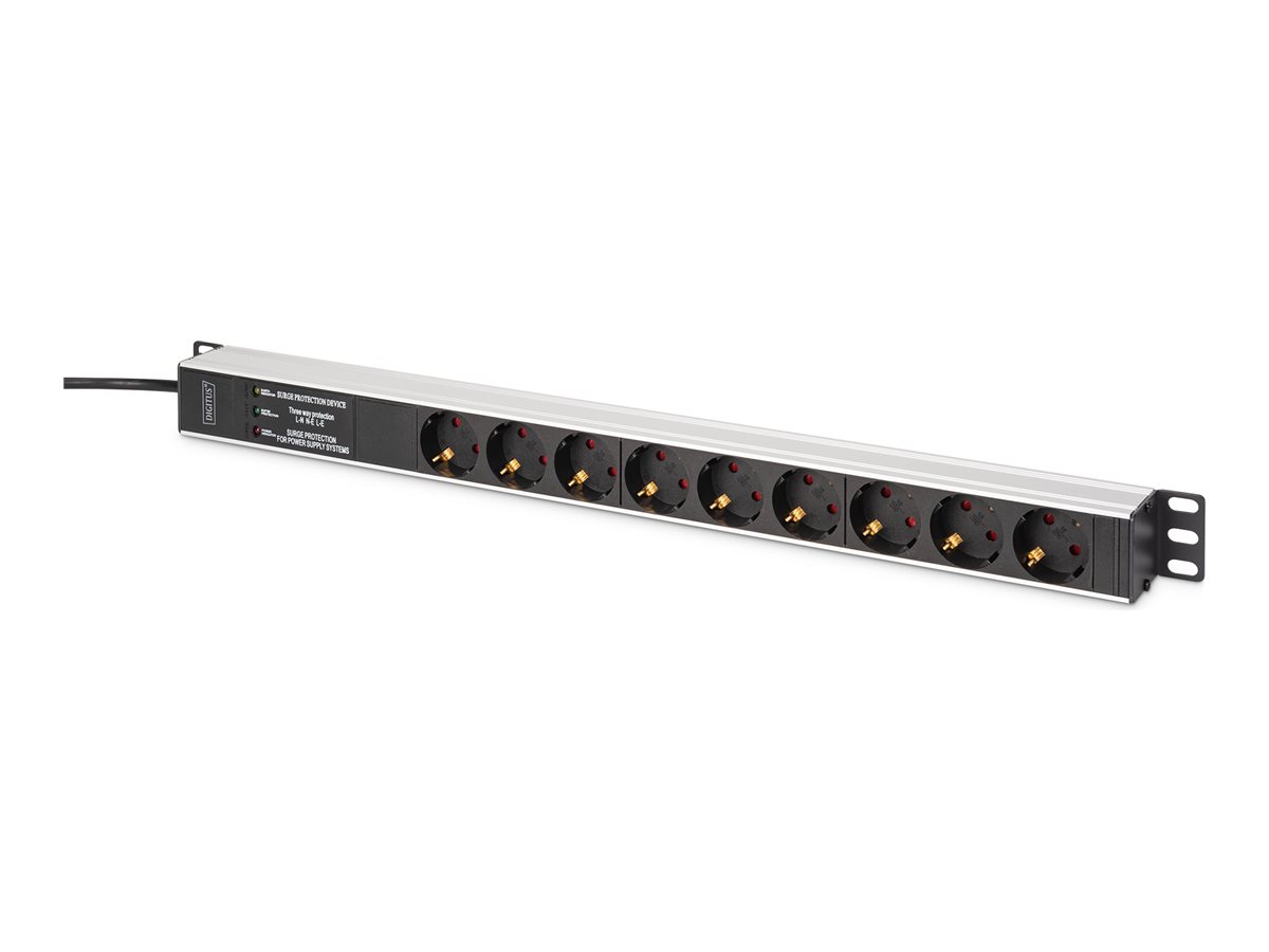 DIGITUS - Stikdåse (rackversion) - aluminiumsprofil, overspændingsbeskyttelse, integreret netfilter - AC 230 V - 3600 Watt - input: power CEE 7/7 - output-stikforbindelser: 9 (DIN 49440) - 2 m ledning