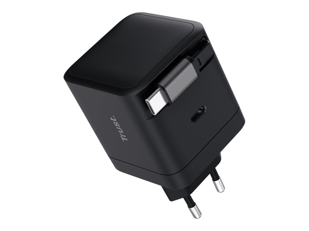 Trust Maxo - Strømforsyningsadapter - with retractable cable - 65 Watt - 3 A - PD (24 pin USB-C) - sort