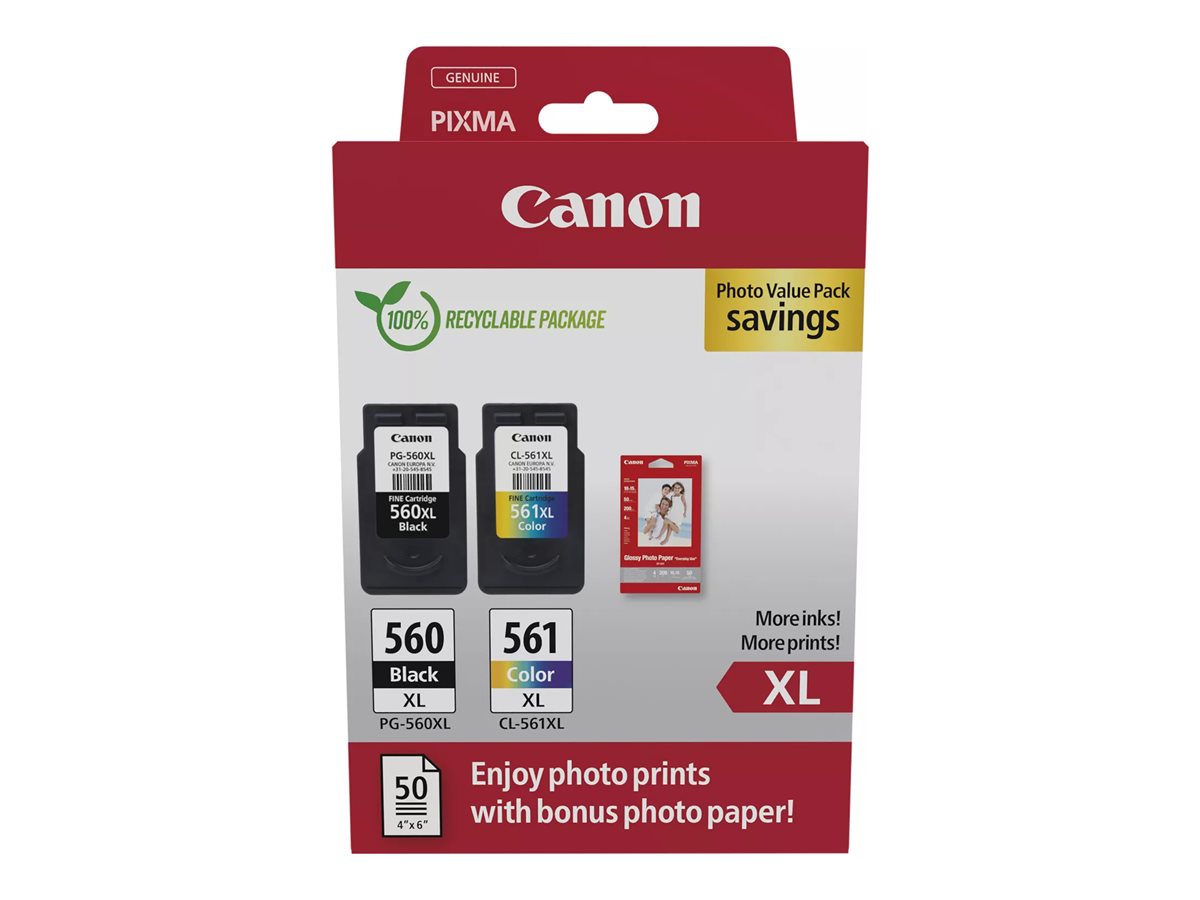 Canon PG-560XL/CL-561XL Photo Value Pack Sort Farve (cyan, magenta, gul) Blækpatron/papirsæt billede