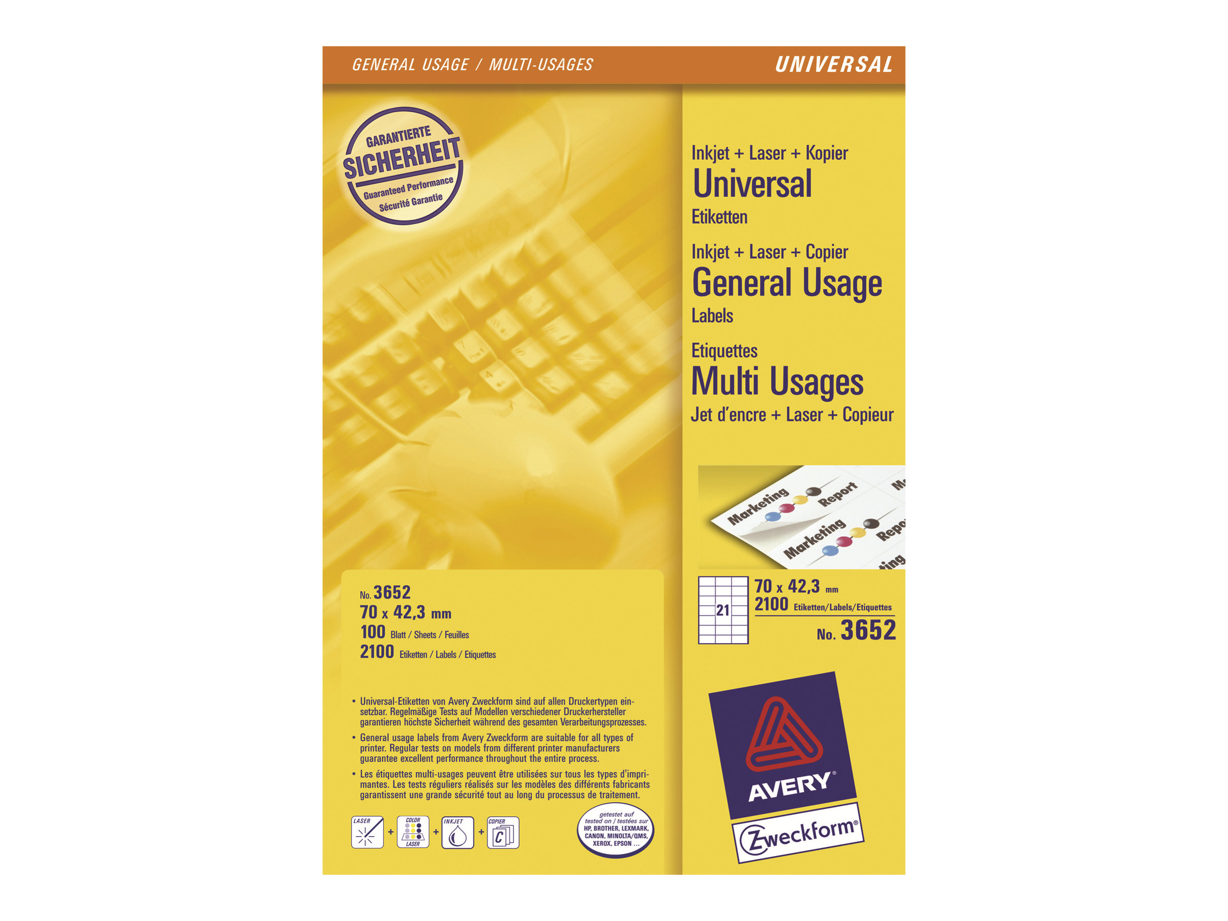 Avery Universaletiketter til generelle formål, 70 x 42,3 mm, 2.100 Etiketter, Hvid