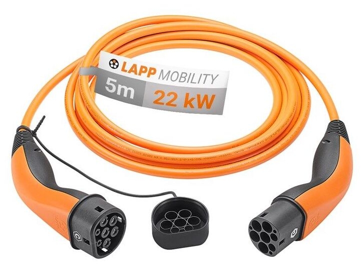 LAPP MOBILITY Type 2 opladningskabel, op til 22 kW, 5 m, orange (5555934027) 32 A, 3-faset, til opladning af hybrid- og elbiler med Type 2-tilslutning