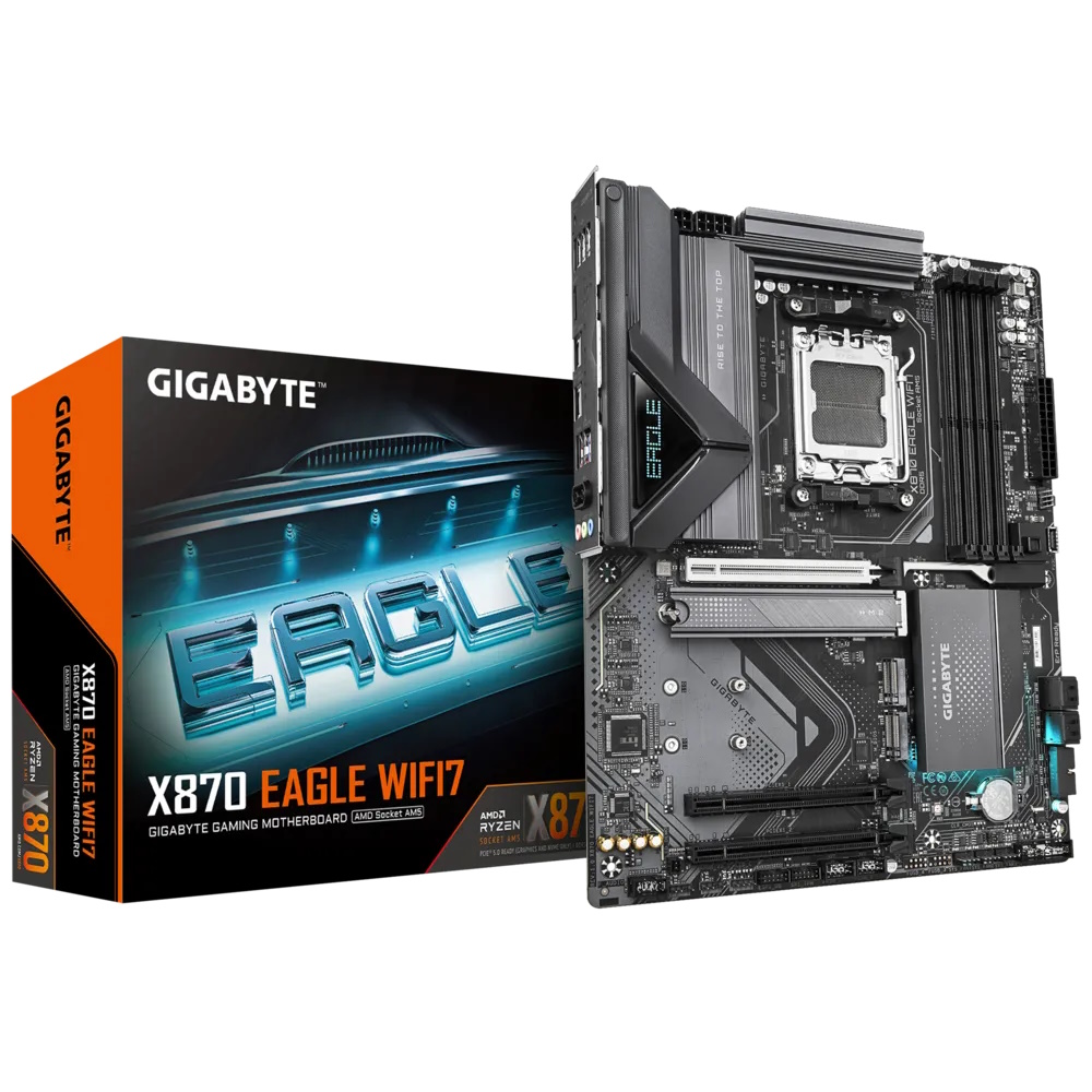 Gigabyte X870 EAGLE WIFI7 - Bundkort - ATX - Socket AM5 - AMD X870 Chipset - USB-C 3.2 Gen 2x2, USB4, USB 3.2 Gen 1, USB 3.2 Gen 2 - 2.5 Gigabit LAN, Bluetooth, Wi-Fi 7 - onboard grafik (CPU påkrævet) - HD Audio (8-kanaler)