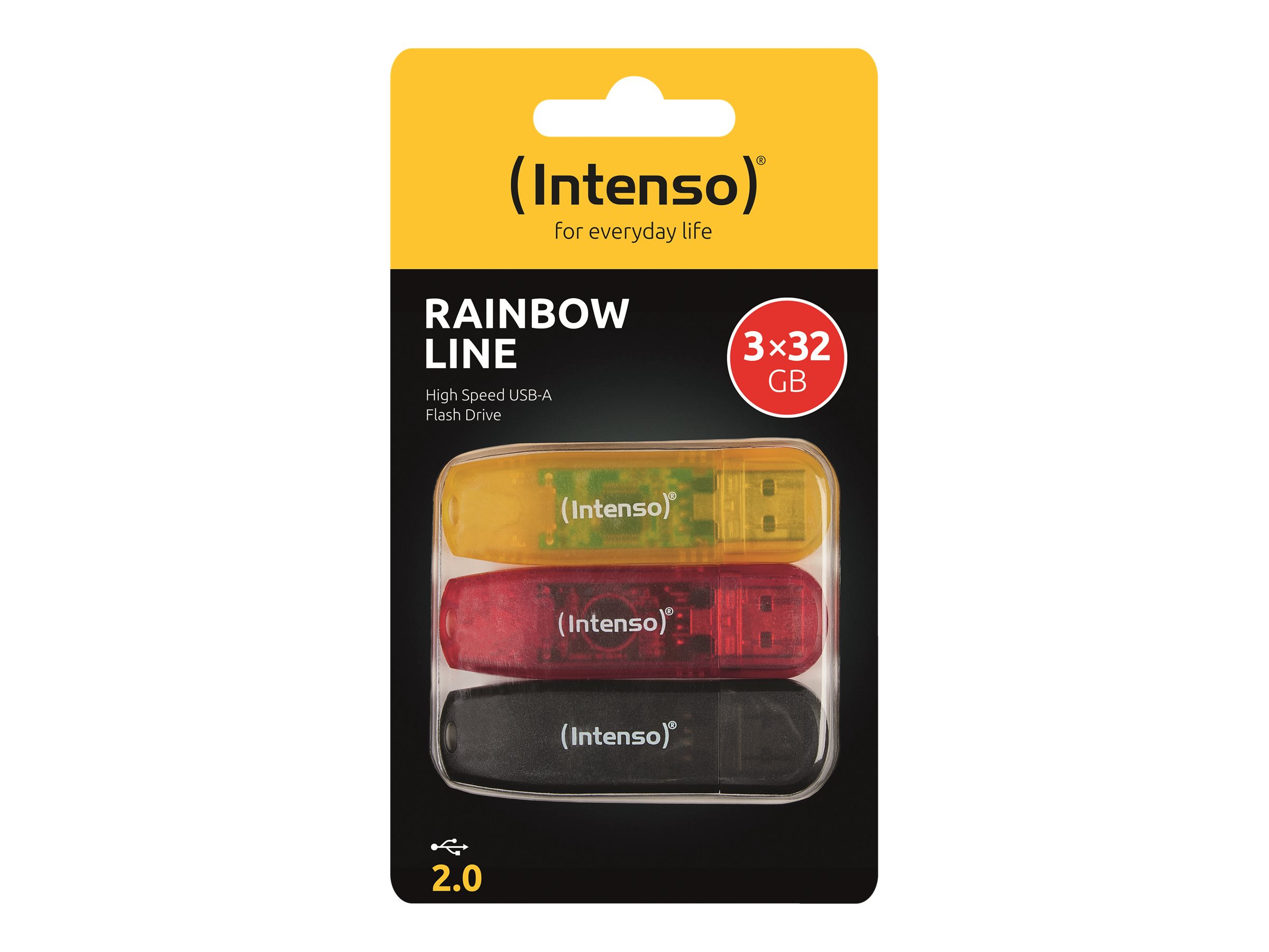 Intenso Rainbow Line - USB flashdrive - 32 GB - USB 2.0 - sort, gul, rød (pakke med 3)