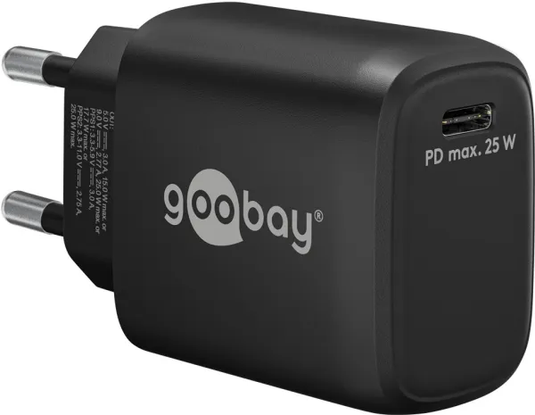 USB-C PD netadapter - 1xUSB-C, 5V/9V, 25W/3A, Sort