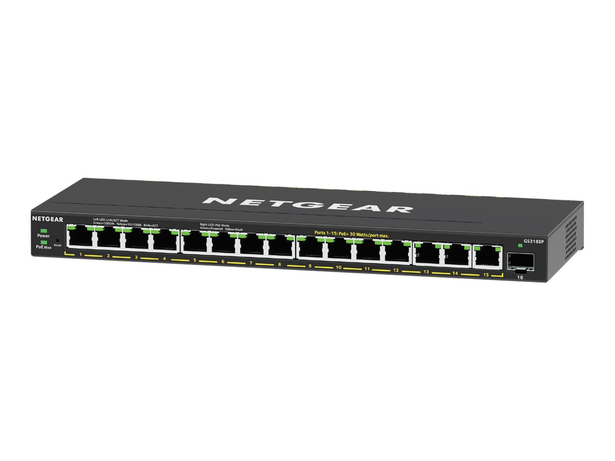 Netgear GS316EP-100PES 16-Port PoE+ Gigabit Ethernet Plus Switch (180W) with 1 SFP Port