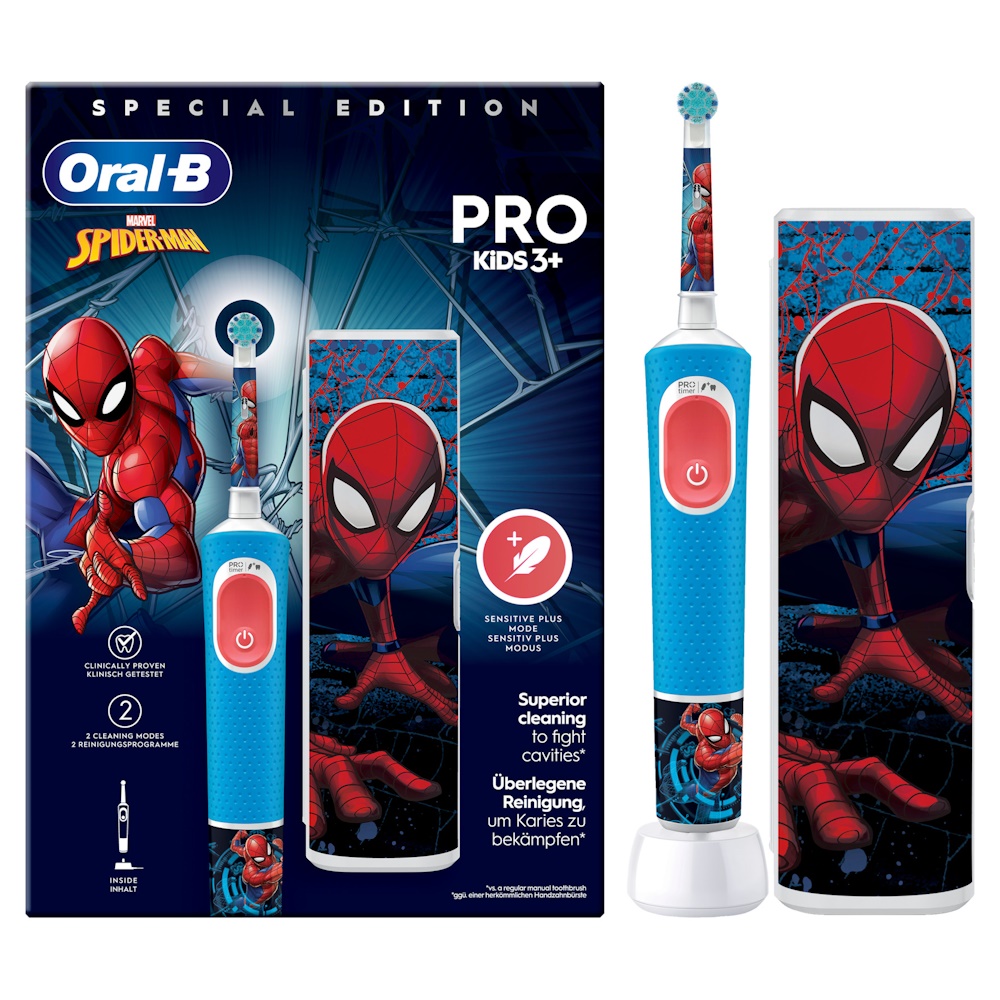 Oral-B Vitality Pro Kids Spiderman, Barn, Roterende, pulserende tandbørste, Daglig pleje, Sensitiv, Super sensitive, Blå, Rød, 7800 Omdrejninger pr. minut, 4 x 30 sek.